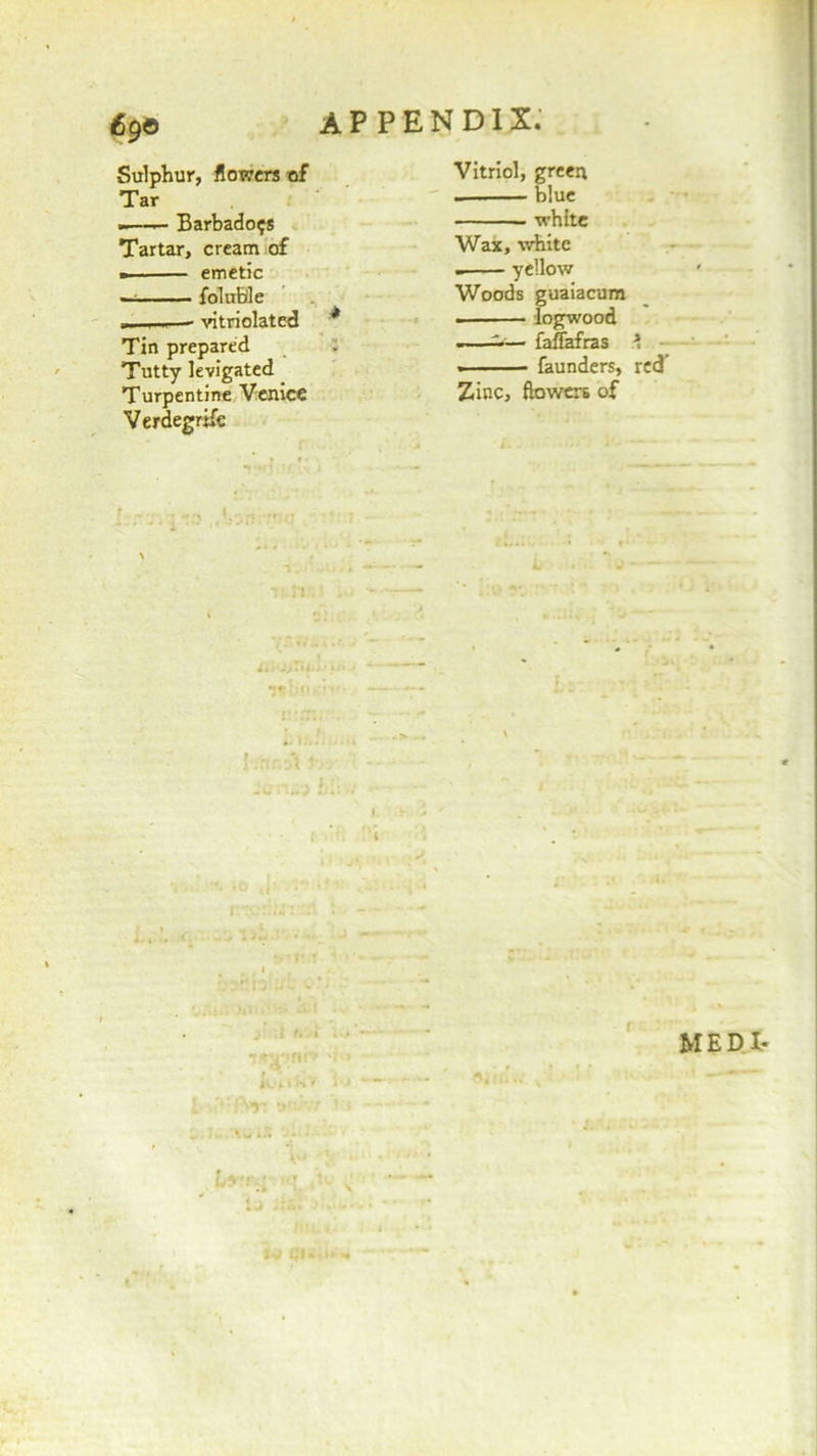 e9 © appendix; Sulphur, flowers of Tar -—— Barbados Tartar, cream of emetic — foluble u. — vitriolated * Tin prepared Tutty levigated Turpentine Venice Verdegrife f .-i. . „ ,x i Vitriol, green blue white Wax, white yellow Woods guaiacum . logwood ——-— faffafras \ * faunders, red’ Zinc, flowers of MED I-