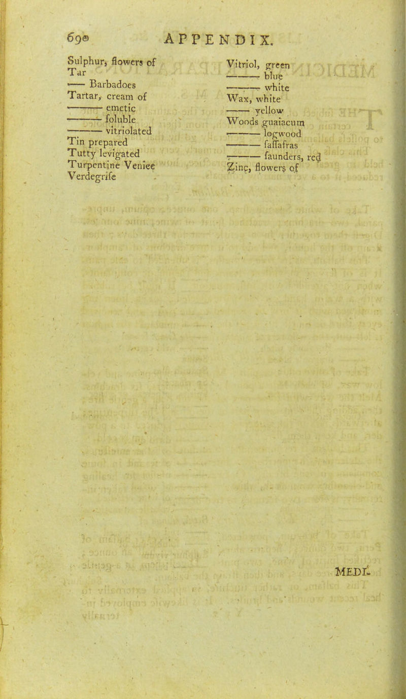 Sulphur, flowers of Tar — Barbadoes Tartar, cream of ; emetic fojuble vitfiolated i J Tin prepared Tutty levigated Turpentine Venice Verdegrife /(■- Vitriol, green — blue -r white Wax, white yellow Woods guaiacum r logwood —— faflafras T faunders, re^ ^inc, flowers of i 1: ‘r> UJ MEDll