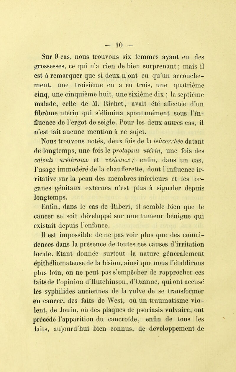Sur 9 cas, nous trouvons six femmes ayant eu des grossesses, ce qui n'a rien de bien surprenant ; mais il est à remarquer que si deux n'ont eu qu'un accouche- ment, une troisième en a eu trois, une quatrième cinq, une cinquième huit, une sixième dix ; la septième malade, celle de M. Richet, avait été affectée d'un fibrome utérin qui s'élimina spontanément sous l'ïn- fluence de l'ergot de seigle. Pour les deux autres cas, il n'est fait aucune mention à ce sujet. Nous trouvons notés, deux fois de la leucorrhée datant de longtemps, une fois le prolapsus utérin, une fois des calculs uréthraux et vésicau.v ; ■ enfin, dans un cas, l'usage immodéré de la chaufferette, dont l'influence ir- ritative sur la peau des membres inférieurs et les or- ganes génitaux externes n'est plus à signaler depuis longtemps. Enfin, dans le cas de Riberi, il semble bien que le cancer se soit développé sur une tumeur bénigne qui existait depuis l'enfance. Il est impossible de ne pas voir plus que des coïnci- dences dans la présence de toutes ces causes d'irritation locale. Etant donnée surtout la nature généralement ëpithéliomateuse de la lésion, ainsi que nous l'établirons plus loin, on ne peut pas s'empêcher de rapprocher ces faits de l'opinion d'Hutchinson, d'Ozanne, qui ont accusé les syphilides anciennes de la vulve de se transformer en cancer, des faits de West, où un traumatisme vio- lent, de Jouin, où des plaques de psoriasis vulvaire, ont précédé l'apparition du cancroïde, enfin de tous les faits, aujourd'hui bien connus, de développement de