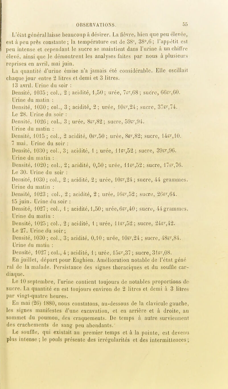 L'éiat général laisse beaucoup à désirer. La fièvre, bien que peu élevée, est à peu près constante ; la température est .le 3K, 3H'',(j; rappélit esl peu intense et cependant le sucre se maintient dans l'urine à un cliilIVe élevé, ainsi que le démontrent les analyses faites par nous à plusieurs reprises en avril, mai juin. La (juantilé d'urine émise n'a jamais été considérable. Elle oscilhiil cbaque jour entre 2 litres et demi et 3 litres. 13 avril. Urine du soir : Densité, 1035; col., 2 ; acidité, 1,50; urée, 7h'r,68; sucre, G6s'',60. Urine du matin : Densité, 1030; col., 3; acidité, 2; urée, 10b''',24.; sucre, 37si,74. Le 28. Urine du soir : Densité, 1026; col., 3; urée, 8s;i',82; sucre, 59gi,9i. Urine du matin : Densité, 1015 ; col., 2 acidité, Ogi',50 ; urée, 8ff'',82; sucre, Us'-,10. 7 mai. Urine du soir : Densité, 1030; col., 3; acidité, 1 ; urée, llgi-,52 ; sucre, 39sr,96. Urine du malin : Densité, 1020; col., 2; acidité, 0,50; urée, lier,52; sucre, 17s',76. Le 30. Urine du soir : Densité, 1030; col., 2 ; acidité, 2; urée, 10s'',24.; sucre, 44 grammes. Urine du matin : Densité, 1023; col., 2; acidité, 2; urée, lGsi',52; sucre, 26s',64. 15 juin. Urine du soir : Densité, 1027; col., 1; acidité,1,50; urée,6S'',40; sucre, 44grammes. Urine du matin : Densité, 1025; col., 2; acidité, 1 ; lu-ée, llg'',52; sucre, 24s'',42. Le 27. Urine du soir ; Densité, 1030 ; coi., 3; acidité, 0,10 ; urée, 10s',24 ; sucre, 48s'',84. Urine du matin : Densité, 1027 ; col., 4 ; acidité, 1 ; urée, 158'',37 ; sucre, 31si ,08. En juillet, départ pour Enghien. Amélioration notable de l'état géné ral de la malade. Persistance des signes ihoraciques et du souffle car- diaque. Le 10 septembre, l'urine contient toujours de notables proportions de^ sucre. La quantité en est toujours environ de 2 litres et demi à 3 lilres par vingl-quatre heures. En mai (20) 1880, nous constatons., au-dessous de la clavicule gauche, les signes manifestes d'une excavation, et en arrière et à droite, au sommet du poumon, des craquements. De temps à autre survienneni des crachements de sang peu abondants. Le souffle, qui existait au premier temps et à la pointe, est devenu plus intense ; le pouls présente des irrégularités et des intermittences;