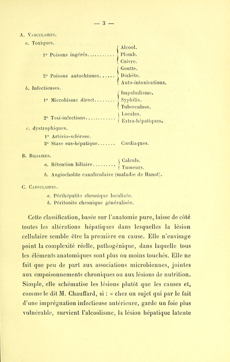 A. Vasculaires. a. Toxiques. Alcool. Plomb. Cuivre. Goutte. Diabète \° Poisons ingérés 2° Poisons autochtones Auto-intoxications. b. Infectieuses. 2° Toxi-infections 1° Microbisme direct / Impaludisme. < Syphilis. ( Tuberculose. ^ Locales. ( Extra-hépatiques. c. dystrophiques. 1° Artério-sclérose. 2° Stase sus-hépatique Cardiaques. B. Biliaires. 6. Angiocholite canaliculaire (maladie de Hanot]. C. Capsulaires. a. Périhépatite chronique localisée. 6. Péritonite chronique généralisée. Cette classification, basée sur l'anatooiie pure, laisse de côté toutes les altérations hépatiques dans lesquelles la lésion cellulaire semble être la première en cause. Elle n'envisage point la complexité réelle, patliogénique, dans laquelle tous les éléments anatomiques sont plus ou moins touchés. Elle ne fait que peu de part aux associations microbiennes, jointes aux empoisonnements chroniques ou aux lésions de nutrition. Simple, elle schématise les lésions plutôt que les causes et, comme le dit M. Chauffard, si : « chez un sujet qui par le fait d'une imprégnation infectieuse antérieure, garde un foie plus vulnérable, survient l'alcoolisme, la lésion hépatique latente