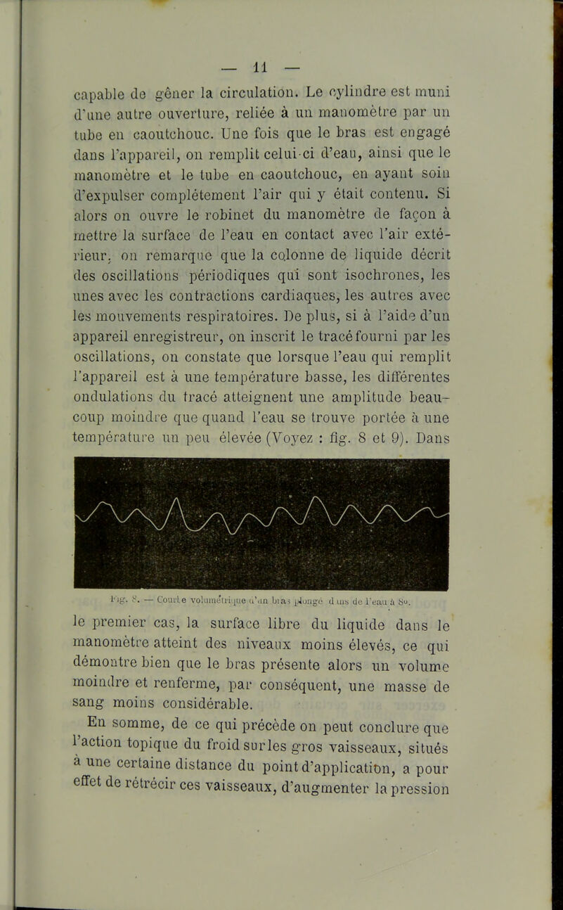 capable de gêner la circulation. Le cylindre est muni à\me autre ouverture, reliée à un manomètre par un tube en caoutchouc. Une fois que le bras est engagé dans l'appareil, on remplit celui-ci d'eau, ainsi que le manomètre et le tube en caoutchouc, en ayant soin d'expulser complètement l'air qui y était contenu. Si alors on ouvre le robinet du manomètre de façon à mettre la surface de l'eau en contact avec l'air exté- rieur, on remarque que la colonne de liquide décrit des oscillations périodiques qui sont isochrones, les unes avec les contractions cardiaques, les autres avec les mouvements respiratoires. De plus, si à l'aide d'un appareil enregistreur, on inscrit le tracé fourni par les oscillations, on constate que lorsque l'eau qui remplit l'appareil est à une température basse, les différentes ondulations du tracé atteignent une amplitude beau- coup moindre que quand l'eau se trouve portée à une température un peu élevée (Voyez : fig. 8 et 9). Dans l'i^;'. — Confie voliiiiiéui jiie d'an lJla^ [Jongi' d uis de l'eau à ts. le premier cas, la surface libre du liquide dans le manomètre atteint des niveaux moins élevés, ce qui démontre bien que le bras présente alors un volume moindre et renferme, par conséquent, une masse de sang moins considérable. En somme, de ce qui précède on peut conclure que l'action topique du froid surles gros vaisseaux, situés à une certaine distance du point d'application, a pour effet de rétrécir ces vaisseaux, d'augmenter la pression