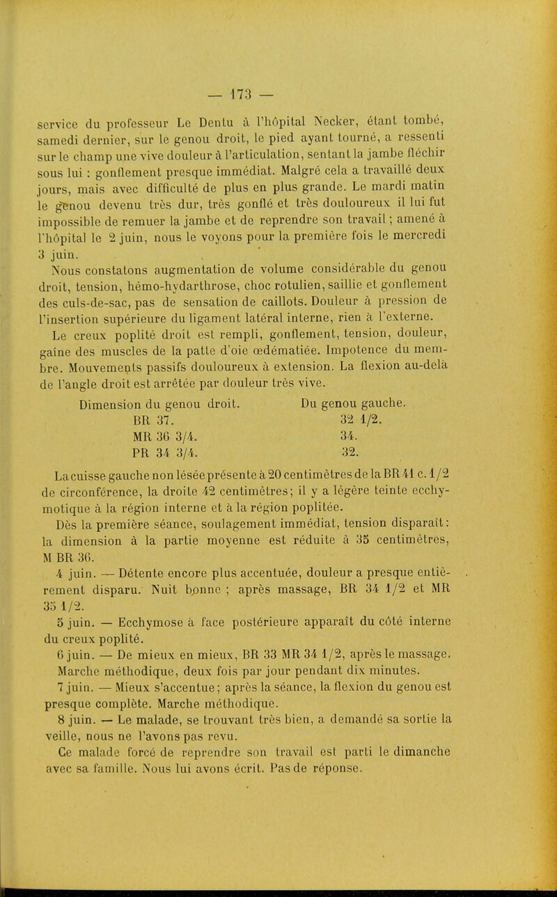 service du professeur Le Denlu à l'hôpital Necker, étant tombé, samedi dernier, sur le genou droit, le pied ayant tourné, a ressenti sur le champ une vive douleur à l'articulation, sentant la jambe fléchir sous lui : gonflement presque immédiat. Malgré cela a travaillé deux jours, mais avec difficulté de plus en plus grande. Le mardi matin le g'^nou devenu très dur, très gonflé et très douloureux il lui fut impossible de remuer la jambe et de reprendre son travail ; amené à rhôpital le 2 juin, nous le voyons pour la première fois le mercredi 3 juin. Nous constatons augmentation de volume considérable du genou droit, tension, hémo-hydarthrose, choc rotulien, sailUe et gonflement des culs-de-sac, pas de sensation de caillots. Douleur à pression de l'insertion supérieure du ligament latéral interne, rien à Texterne. Le creux poplité droit est rempli, gonflement, tension, douleur, gaine des muscles de la patte d'oie œdématiée. Impotence du mem- bre. Mouvements passifs douloureux à extension. La flexion au-delà de l'angle droit est arrêtée par douleur très vive. Dimension du genou droit. Du genou gauche. BR 37. 32 1/2. MR 36 3/4. 34. PR 34 3/4. 32. La cuisse gauche non lésée présente à 20 centimètres de la BR 41 c. 1/2 de circonférence, la droite 42 centimètres; il y a légère teinte ecchy- motique à la région interne et à la région poplitée. Dès la première séance, soulagement immédiat, tension disparaît: la dimension à la partie moyenne est réduite à 35 centimètres, M BR 30. 4 juin. — Détente encore plus accentuée, douleur a presque entiè- rement disparu. Nuit bonne ; après massage, BR 34 1/2 et MR 35 1/2. 5 juin. — Ecchymose à face postérieure apparaît du côté interne du creux poplité. 6 juin. — De mieux en mieux, BR 33 MR34 1/2, après le massage, Marche méthodique, deux fois par jour pendant dix minutes. 7 juin. — Mieux s'accentue; après la séance, la flexion du genou est presque complète. Marche méthodique. 8 juin. — Le malade, se trouvant très bien, a demandé sa sortie la veille, nous ne l'avons pas revu. Ce malade forcé de reprendre son travail est parti le dimanche avec sa famille. Nous lui avons écrit. Pas de réponse.