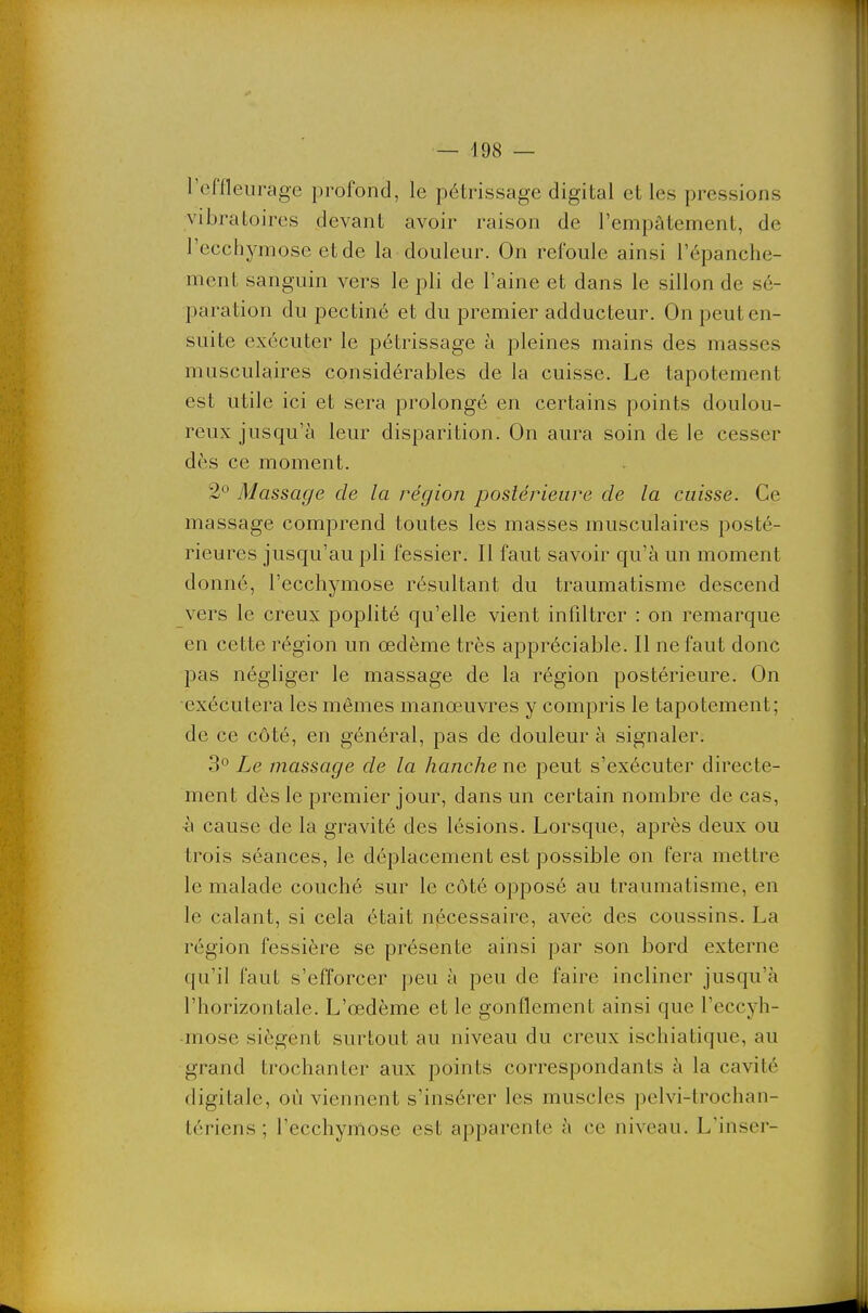 reffleurage profond, le pétrissage digital et les pressions vibratoires devant avoir raison de l'empâtement, de l'ecchymose et de la douleur. On refoule ainsi l'épanche- ment sanguin vers le pli de l'aine et dans le sillon de sé- paration du pectiné et du premier adducteur. On peut en- suite exécuter le pétrissage à pleines mains des masses musculaires considérables de la cuisse. Le tapotement est utile ici et sera prolongé en certains points doulou- reux jusqu'à leur disparition. On aura soin de le cesser dès ce moment. 2° Massage de la région postérieure de la cuisse. Ce massage comprend toutes les masses musculaires posté- rieures jusqu'au pli fessier. Il faut savoir qu'à un moment donné, l'ecchymose résultant du traumatisme descend vers le creux poplité qu'elle vient infiltrer : on remarque en cette région un œdème très appréciable. Il ne faut donc pas négliger le massage de la région postérieure. On exécutera les mêmes manœuvres y compris le tapotement; de ce côté, en général, pas de douleur à signaler. 3° Le massage de la hanche ne peut s'exécuter directe- ment dès le premier jour, dans un certain nombre de cas, à cause de la gravité des lésions. Lorsque, après deux ou trois séances, le déplacement est possible on fera mettre le malade couché sur le côté opposé au traumatisme, en le calant, si cela était nécessaire, avec des coussins. La région fessière se présente ainsi par son bord externe qu'il faut s'efforcer peu à peu de faire incliner jusqu'à l'horizontale. L'œdème et le gonflement ainsi que l'eccyh- mose siègent surtout au niveau du creux ischiatique, au grand trochanter aux points correspondants à la cavité digitale, où viennent s'insérer les muscles pelvi-trochan- tériens ; l'ecchymose est apparente à ce niveau. L'inser-