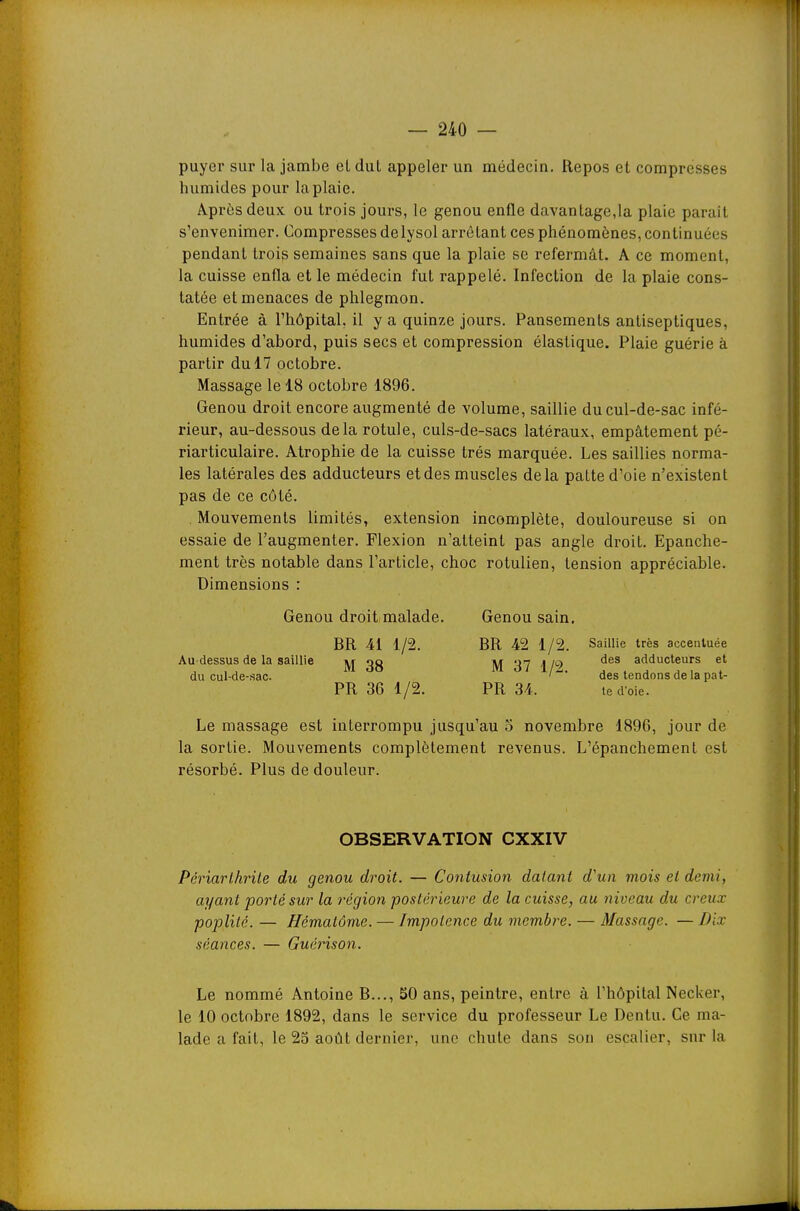 puyer sur la jambe el dut appeler un médecin. Repos et compresses humides pour la plaie. Après deux ou trois jours, le genou enfle davantage,la plaie paraît s'envenimer. Compresses delysol arrêtant ces phénomènes, continuées pendant troip semaines sans que la plaie se refermât. A ce moment, la cuisse enfla et le médecin fut rappelé. Infection de la plaie cons- tatée et menaces de phlegmon. Entrée à l'hôpital, il y a quinze jours. Pansements antiseptiques, humides d'abord, puis secs et compression élastique. Plaie guérie à partir du 17 octobre. Massage le 18 octobre 1896. Genou droit encore augmenté de volume, saillie du cul-de-sac infé- rieur, au-dessous delà rotule, culs-de-sacs latéraux, empâtement pé- riarticulaire. Atrophie de la cuisse très marquée. Les saillies norma- les latérales des adducteurs et des muscles delà patte d'oie n'existent pas de ce côté. Mouvements limités, extension incomplète, douloureuse si on essaie de l'augmenter. Flexion n'atteint pas angle droit. Epanche- ment très notable dans l'article, choc rotulien, tension appréciable. Dimensions : Genou droit malade. Genou sain, BR 41 1/2. BR 42 1/2. Saillie très accentuée Au-dessus de la saillie M 38 M 37 lA^ '^^^ adducteurs et du cul-de-sac. ' des tendons delà pat- PR 36 1/2. PR 34. tedoie. Le massage est interrompu jusqu'au 5 novembre 1896, jour de la sortie. Mouvements complètement revenus. L'épanchement est résorbé. Plus de douleur. OBSERVATION CXXIV Périarlhrile du genou droit. — Contusion datant d'un mois et demi, ayant porté sur la région postérieure de la cuisse, au niveau du creux poplité. — Hématome. — Impotence du membre. — Massage. — Dix séances. — Guérison. Le nommé Antoine B..., 50 ans, peintre, entre à l'hôpital Necker, le 10 octobre 1892, dans le service du professeur Le Dentu. Ce ma- lade a fait, le 25 août dernier, une chute dans son escalier, sur la