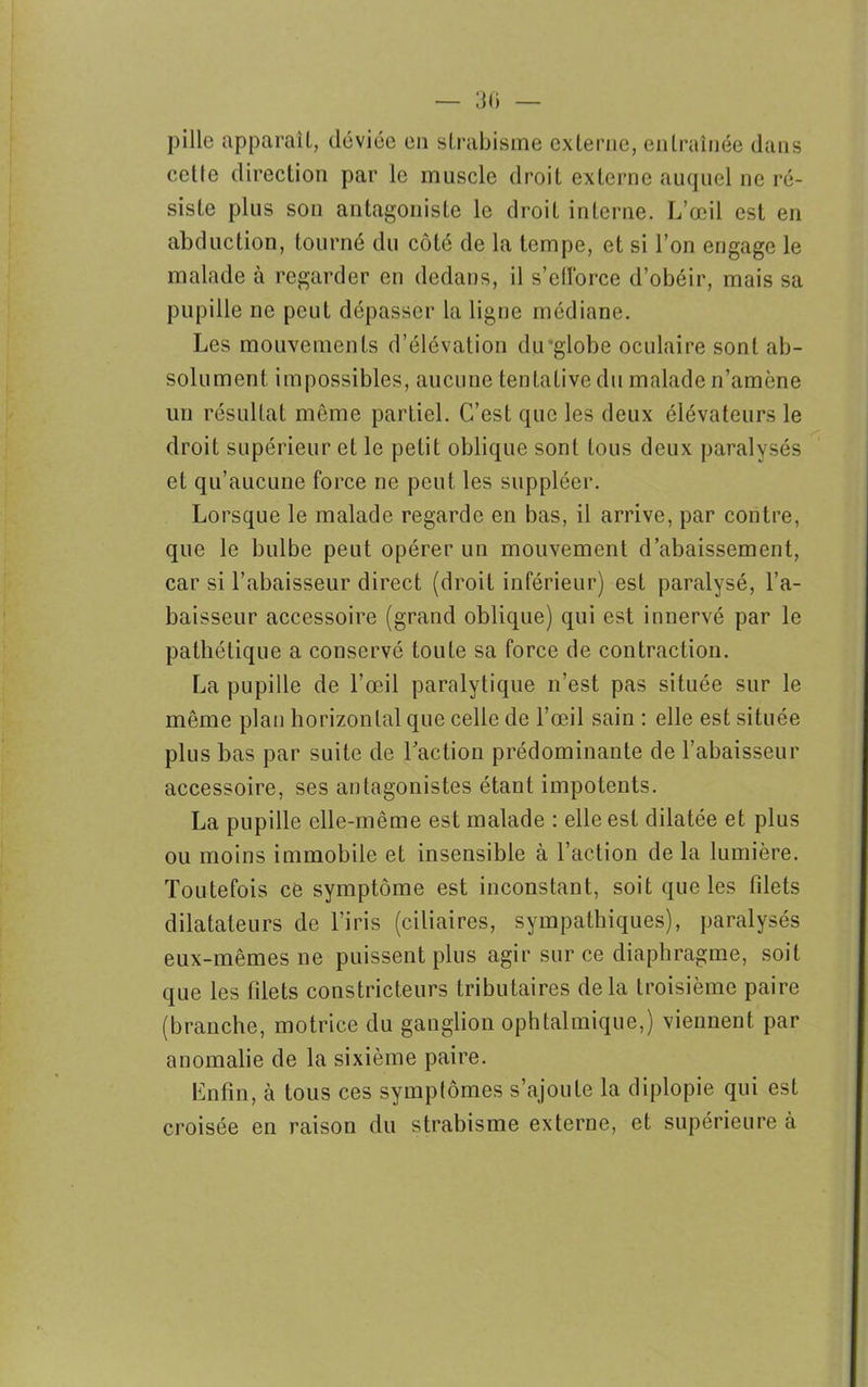 pille apparaît, déviée en strabisme externe, entraînée dans cette direction par le muscle droit externe auquel ne ré- siste plus son antagoniste le droit interne. L’œil est en abduction, tourné du côté de la tempe, et si l’on engage le malade à regarder en dedans, il s’efforce d’obéir, mais sa pupille ne peut dépasser la ligne médiane. Les mouvements d’élévation du'globe oculaire sont ab- solument impossibles, aucune tentative du malade n’amène un résultat même partiel. C’est que les deux élévateurs le droit supérieur et le petit oblique sont tous deux paralysés et qu’aucune force ne peut les suppléer. Lorsque le malade regarde en bas, il arrive, par contre, que le bulbe peut opérer un mouvement d’abaissement, car si l’abaisseur direct (droit inférieur) est paralysé, l’a- baisseur accessoire (grand oblique) qui est innervé par le pathétique a conservé toute sa force de contraction. La pupille de l’œil paralytique n’est pas située sur le même plan horizontal que celle de l’œil sain : elle est située plus bas par suite de l'action prédominante de l’abaisseur accessoire, ses antagonistes étant impotents. La pupille elle-même est malade : elle est dilatée et plus ou moins immobile et insensible à l’action de la lumière. Toutefois ce symptôme est inconstant, soit que les filets dilatateurs de l’iris (ciliaires, sympathiques), paralysés eux-mêmes ne puissent plus agir sur ce diaphragme, soit que les filets constricteurs tributaires delà troisième paire (branche, motrice du ganglion ophtalmique,) viennent par anomalie de la sixième paire. Enfin, à tous ces symptômes s’ajoute la diplopie qui est croisée en raison du strabisme externe, et supérieure à