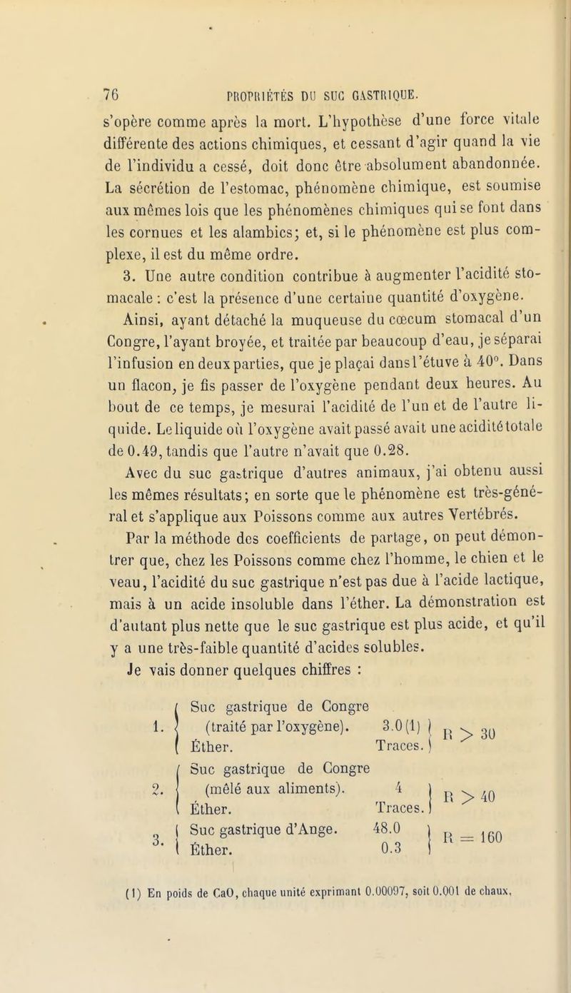 s'opère comme après la mort. L'hypothèse d'une force vitale différeote des actions chimiques, et cessant d'agir quand la vie de l'individu a cessé, doit donc être-absolument abandonnée. La sécrétion de l'estomac, phénomène chimique, est soumise aux mêmes lois que les phénomènes chimiques qui se font dans les cornues et les alambics; et, si le phénomène est plus com- plexe, il est du même ordre. 3. Une autre condition contribue à augmenter l'acidité sto- macale : c'est la présence d'une certaine quantité d'oxygène. Ainsi, ayant détaché la muqueuse du cœcum stomacal d'un Congre, l'ayant broyée, et traitée par beaucoup d'eau, je séparai l'infusion en deux parties, que je plaçai dansl'étuve à 40°. Dans un flacon, je fis passer de l'oxygène pendant deux heures. Au bout de ce temps, je mesurai l'acidité de l'un et de l'autre li- quide. Le liquide où l'oxygène avait passé avait une aciditétotale de 0.49, tandis que l'autre n'avait que 0.28. Avec du suc gastrique d'autres animaux, j'ai obtenu aussi les mêmes résultats; en sorte que le phénomène est très-géné- ral et s'applique aux Poissons comme aux autres Vertébrés. Par la méthode des coefficients de partage, on peut démon- trer que, chez les Poissons comme chez l'homme, le chien et le veau, l'acidité du suc gastrique n'est pas due à l'acide lactique, mais à un acide insoluble dans l'éther. La démonstration est d'autant plus nette que le suc gastrique est plus acide, et qu'il y a une très-faible quantité d'acides solubles. Je vais donner quelques chiffres : iSuc gastrique de Congre (traité par l'oxygène). 3.0(1) ) ^ ^ ^ Éther. Traces, j Suc gastrique de Congre 2. J (mêlé aux aliments). 4 Éther. Traces. | Suc gastrique d'Ange. 48.0 S' \ Éther. 0.3 R > 40 R = 160 ( I) En poids de CaO, chaque unité exprimant 0.00097, soit 0.001 de chaux.