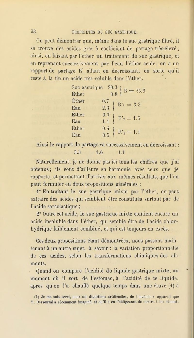 1 1= 25.6 Ri = 3.3 R'2 = 1.6 R'3 = 1.1 98 riiorRIÉTÉS DU SUC GASTRIQUE. On peut démontrer que, même dans le suc gastrique filtré, il se trouve des acides gras à coefficient de partage très-élevé ; ainsi, en faisant par l'éther un traitement du suc gastrique, et en reprenant successivement par l'eau l'éther acide, on a un rapport de partage R' allant en décroissant, en sorte qu'il à reste à la fin un acide très-soluble dans l'éther. Suc gastrique 20.3 Ether 0.8 Éther 0.7 Eau 2.3 Éther 0.7 Eau 1.1 Éther 0.4 Eau 0.5 Ainsi le rapport de partage va successivement en décroissant : 3.3 1.6 1.1 Naturellement, je ne donne pas ici tous les chiffres que j'ai obtenus; ils sont d'ailleurs en harmonie avec ceux que je rapporte, et permettent d'arriver aux mêmes résultats, que Ton peut formuler en deux propositions générales : 1° En traitant le suc gastrique mixte par l'éther, on peut extraire des acides qui semblent être constitués surtout par de l'acide sarcolactique ; 2° Outre cet acide, le suc gastrique mixte contient encore un acide insoluble dans l'éther, qui semble être de l'acide chlor- hydrique faiblement combiné, et qui est toujours en excès. Ces deux propositions étant démontrées, nous passons main- tenant à un autre sujet, à savoir : la variation proportionnelle de ces acides, selon les transformations chimiques des ali- ments. Quand on compare l'acidité du liquide gastrique mixte, au moment où il sort de l'estomac, à l'acidité de ce liquide, après qu'on l'a chauffé quelque temps dans une étuve (4) à (1) Je me suis servi, pour ces digestions artificielles, de l'ingénieux appareil que M. Darsonvala récemment imaginé, et qu'il a eu l'obligeance de mettre à ma disposi-