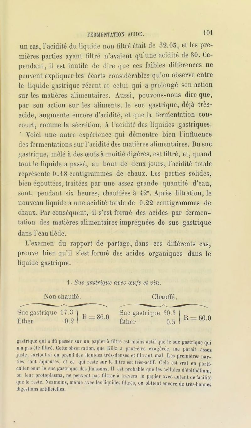 un cas, l'acidité du liquide non filtré était de 32.05, et les pre- mières parties ayant filtré n'avaient qu'une acidité de 30. Ce- pendant, il est inutile de dire que ces faibles différences ne peuvent expliquer les écarts considérables qu'on observe entre le liquide gastrique récent et celui qui a prolongé son action sur les matières alimentaires. Aussi, pouvons-nous dire que, par son action sur les aliments, le suc gastrique, déjà très- acide, augmente encore d'acidité, et que la fermentation con- court, comme la sécrétion, à l'acidité des liquides gastriques. Yoici une autre expérience qui démontre bien l'influence des fermentations sur l'acidité des matières alimentaires. Du suc gastrique, mêlé à des œufs à moitié digérés, est filtré, et, quand tout le liquide a passé, au bout de deux jours, l'acidité totale représente 0.18 centigrammes de chaux. Les parties solides, bien égouttées, traitées par une assez grande quantité d'eau, sont, pendant six heures, chauffées à 42°. Après filtration, le nouveau liquide a une acidité totale de 0.22 centigrammes de chaux. Par conséquent, il s'est formé des acides par fermen- tation des matières alimentaires imprégnées de suc gastrique dans l'eau tiède. L'examen du rapport de partage, dans ces différents cas, prouve bien qu'il s'est formé des acides organiques dans le liquide gastrique. 1. Suc gastrique avec œufs et vin. Non chauffé. Chauffé. Suc gastrique 17.3 Éther 0.2 R = 8G.O Suc gastrique 30.3 Éther 0.5 R = 60.0 gastrique qui a dû passer sur un papier à filtre est moins actif que le suc gastrique qui n'a pas été filtré. Cette observation, que Kiilz a peut-être exagérée, me paraît assez juste, surtout si on prend des liquides très-denses et filtrant mal. Les premières par- ties sont aqueuses, et ce qui reste sur le filtre est très-actif. Cela est vrai en parti- culier pour le suc gastrique des Poissons. Il est probable que les cellules d'épitbélium ou leur protoplasma, ne peuvent pus filtrer à travers le papier avec autant de facilité que le reste. Néamoins, même avec les liquides filtrés, on obtient encore de très-bonnes digestions artificielles.