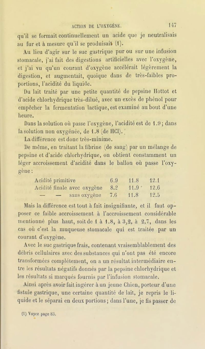 qu'il se formait continuellement un acide que je neutralisais au fur et à mesure qu'il se produisait (1). Au lieu d'agir sur le suc gastrique pur ou sur une infusion stomacale, j'ai fait des digestions artificielles avec l'oxygène, et j'ai vu qu'un courant d'oxygène accélérait légèrement la digestion, et augmentait, quoique dans de très-faibles pro- portions, l'acidité du liquide. Du lait traité par une petite quantité de pepsine Ilottot et d'acide chlorhydrique très-dilué, avec un excès de phénol pour empêcher la fermentation lactique, est examiné au bout d'une heure. Dans la solution où passe l'oxygène, l'acidité est de 1.9 ; dans la solution non oxygénée, de 1.8 (de HC1). ' La différence est donc très-minime. De même, en traitant la fibrine (de sang) par un mélange de pepsine et d'acide chlorhydrique, on obtient constamment un léger accroissement d'acidité dans le ballon où passe l'oxy- gène : Acidité primitive 6.9 11.8 12.1 Acidité finale avec oxygène 8.2 11.9 12.G — — sans oxygène 7.G 11.8 12.5 Mais la différence est tout à fait insignifiante, et il faut op- poser ce faible accroissement à l'accroissement considérable mentionné plus haut, soit de 1 à 1.8, à 3,2, à 2,7, dans les cas où c'est la muqueuse stomacale qui est traitée par un courant d'oxygène. Avec le suc gastrique frais, contenant vraisemblablement des débris cellulaires avec des substances qui n'ont pas été encore transformées complètement, on a un résultat intermédiaire en- tre les résultats négatifs donnés par la pepsine chlorhydrique et les résultats si marqués fournis par l'infusion stomacale. Ainsi après avoir fait ingérer à un jeune Chien, porteur d'une fistule gastrique, une certaine quantité de lait, je repris le li- quide et le séparai en deux portions ; dans l'une, je fis passer de (1) Voyez page 83.