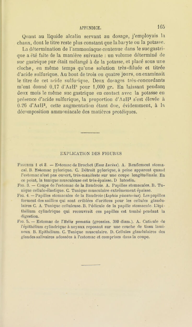 Quant au liquide alcalin servant au dosage, j'employais la cliaux, dont le titre reste plus constant que la baryte ou la potasse. La détermination de l'ammoniaque contenue dans le sucgastri- que a été faite de la manière suivante : un volume déterminé de suc gastrique pur était mélangé à de la potasse, et placé sous une cloche, eu môme temps qu'une solution très-diluée et titrée d'acide sulfurique. Au bout de trois ou quatre jours, on examinait le titre de cet acide sulfurique. Deux dosages très-concordants m'ont donné 0,17 d'AzH3 pour 1,000 gr. En laissant pendant deux mois le même suc gastrique en contact avec la potasse en présence d'acide sulfurique, la proportion d'AzH3 s'est élevée à 0.26 d'AzH3, cette augmentation étant due, évidemment, à la décomposition ammoniacale des matières protéiques. EXPLICATION DES FIGURAS Figures 1 et 2. — Estomac de Brochet [Esox Lucius). A. Renflement stoma- cal. B. Estomac pylorique. G. Détroit pylorique, à peine apparent quand l'estomac n'est pas ouvert, très-manifeste sur une coupe longitudinale. En ce point, la tunique musculeuse est très-épaisse. D Intestin. Fig. 3. — Coupe de l'estomac de la Baudroie. A. Papilles stomacales. B. Tu- nique cellulo-élastique. G. Tunique musculaire extrêmement épaisse. Fig. 4. — Papilles stomacales de la Baudroie (Lophia piscalorius). Les papilles forment des saillies qui sont criblées d'orifices pour les cellules glandu- laires C. A. Tunique celluleuse. B. Pédicule de la papille stomacale. L'épi- thélium cylindrique qui recouvrait ces papilles est tombé pendant la digestion. Fig. 5. — Estomac de VHélix pomatia (grossiss. 300 diam.). A. Cuticule de I epithélium cylindrique à noyaux reposant sur une couche de tissu lami- neux. B. Epithélium. C. Tunique musculaire. D. Cellules glandulaires des glandes salivaires adossées à l'estomac et comprises dans la coupe.