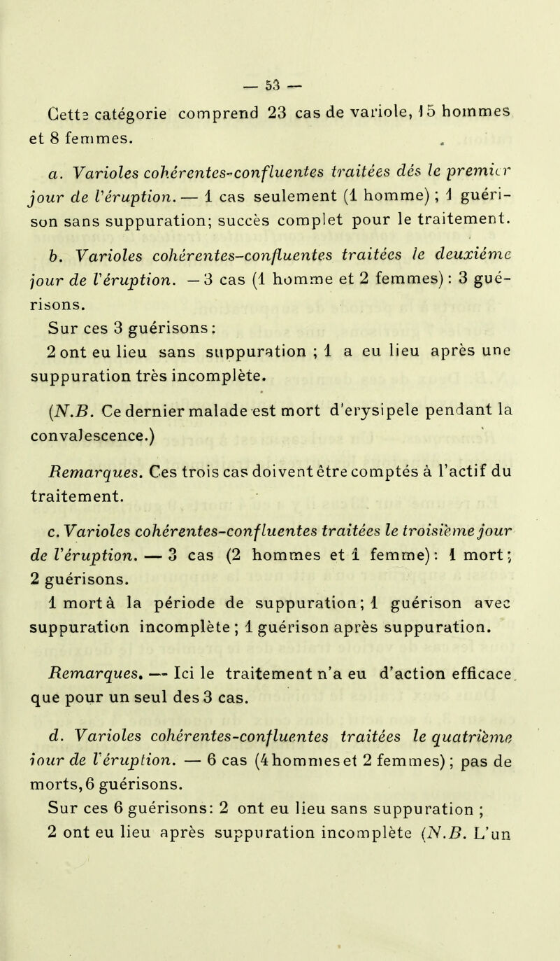 Gettâ catégorie comprend 23 cas de variole, 15 hommes et 8 femmes. a. Varioles cohérentes-confluent es traitées dés le premier jour de Véruption.— 1 cas seulement (1 homme) ; \ guéri- son sans suppuration; succès complet pour le traitement. b. Varioles cohérentes-confLuentes traitées le deuxième jour de l'éruption. — 3 cas (1 homme et 2 femmes) : 3 gué- risons. Sur ces 3 guérisons : 2 ont eu lieu sans suppuration ; 1 a eu lieu après une suppuration très incomplète. (N.B. Ce dernier malade est mort d'erysipele pendant la convalescence.) Remarques. Ces trois cas doivent être comptés à l'actif du traitement. c. Varioles cohérentes-confluentes traitées le troisième jour de Véruption. — 3 cas (2 hommes et i femme): i mort; 2 guérisons. 1 mort à la période de suppuration; 1 guérîson avec suppuration incomplète ; 1 guérison après suppuration. Remarques. — Ici le traitement n'a eu d'action efficace que pour un seul des 3 cas. d. Varioles cohérentes-concluentes traitées le quatrième iour de Véruption. — 6 cas (4 hommes et 2 femmes) ; pas de morts, 6 guérisons. Sur ces 6 guérisons: 2 ont eu lieu sans suppuration ; 2 ont eu lieu après suppuration incomplète (N.B. L'un