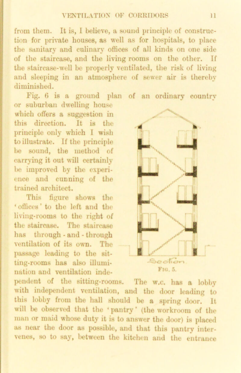 from them. It is, 1 believe, a 8^)und principle of construc- tion for private houses, as well as for hospitals, to place the sanitary and culinary offices of all kinds on one side of the staircase, and the living rooms on the other. If the staircase-well be properly ventilated, the risk of living and sleeping in an atmosphere of sewer air is thereby diminished. Fig. () is a ground plan of an ordinary country or suburban dwelling house which offers a suggestion in this direction. It is the principle only which I wish to illustrate. If the principle be sound, the method of carrying it out will certainly l>e improved by the experi- ence and cunning of the trained architect. This figure shows the ‘ offices ’ to the left and the living-rooms to the right of the staircase. The staircase has through - and - through ventilation of its own. The passage leading to the sit- ting-rooms has also illumi- nation and ventilation inde- pendent of the sitting-rooms, with independent ventilation, and the door leading to this lobby from the hall should l>e a spring door. It will Ik* observed that the ‘pantry’ (the workroom of the man or maid whose duty it is to answer the door) is placed as near the door as possible, and that this pantry inter- venes, so to say, l)etween the kitchen and the entrance Km, The w.c. has a lobby