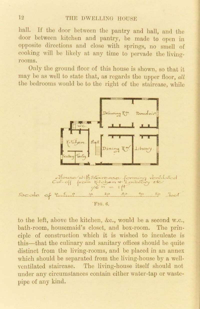hall. If the dnor hetween the pantry and hall, and the door between kitchen and pantry, be made to open in opposite directions and close with springs, no smell of cooking will be likely at any time to pervade the living- rooms. Only the ground floor of this house is shown, so that it may be as well to state that, as regards the upper floor, all the bedrooms would bo to the right of the staircase, while to the left, above the kitchen, &c., would be a second w.c., bath-room, housemaid’s closet, and box-room. The prin- ciple of construction which it is wished to inculcate is this—that the culinary and sanitary oflices should be quite distinct from the living-rooms, and be placed in an annex which should be separated from the living-house by a well- ventilated staircase. The living-house itself should not under any circumstances contain cither water-tap or waste- pipe of any kind. Fir. fi.