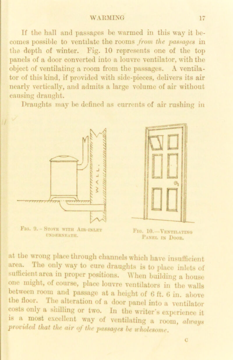 If the hall ami passages be warmed in this way it be- comes possible to ventilate the rooms from the pasmges in the depth of winter. Fig. 10 represents one of the top panels of a door converted into a louvre ventilator, with the object of ventilating a room from the passages. A ventila- tor of this kind, if provided with side-pieces, delivers its air nearly vertically, and admits a large volume of air without causing draught. Draughts may lie defined as currents of air rushing in / Fio. 9. - SiHirit WITH Air-inuct I'NDRRNKATH. KlO. 10. —VK*Tn.ATINO I’axel im Dour. at the wrong place through channels which have insufficient area. The only way to cure draughts is to j.lace inlets of sufficient area in proiKT positions. When building a house one might, of course, place louvre ventilators in the walls between room and passage at a height of 0 ft. G in. aliove the floor. The alteration of a door panel into a ventilator costs only a shilling or two. In the writers exiarience it is a most excellent way of ventilating a room, alu^iyn provuied that the air of the jutaswjes he u holeeome. c
