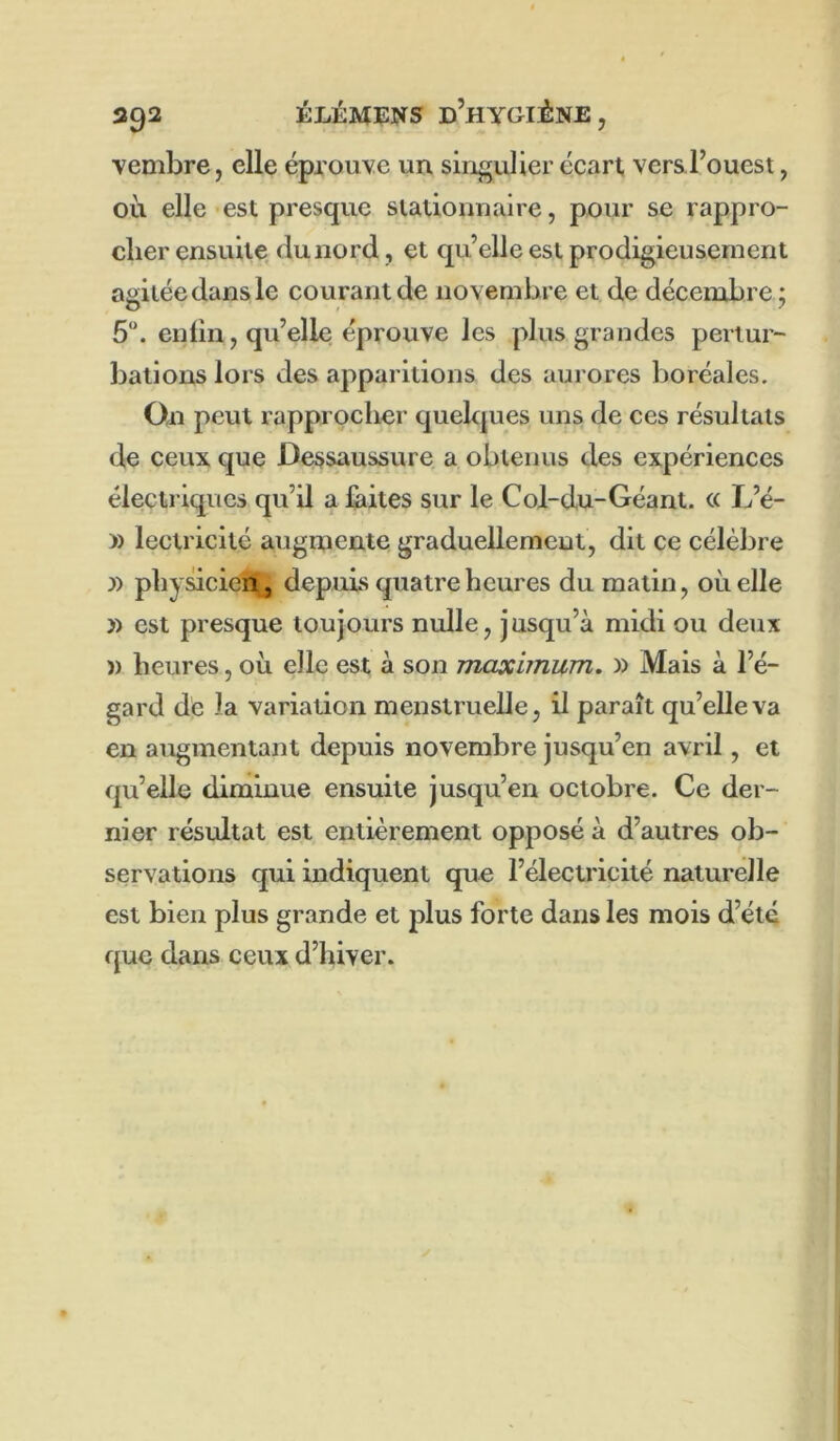 302 ÉLÉMENS D’HYGliîNE, vembre, elle épxou\:e un singulier écart, vers l’ouest, où elle «est presque stationnaire, pour se rappro- cher ensuite, du nord, et qu’elle est prodigieusement agitée dans le courant de novembre et de décembre; 5. enlin, qu’elle éprouve les plus grandes pertur- bations lors des apparitions des aurores boréales. On peut rapprocher quekjues uns de ces résultats de ceux que Dessaussure. a obtenus des expériences électriques qu’il a faites sur le Col-du-Géant. « L’é- )) lectricité augmente graduellement, dit ce célèbre y) physicien^ depuis quatre heures du matin, où elle )) est presque toujours nulle, jusqu’à midi ou deux )) heures, où elle est à son maximum, » Mais à l’é- gard de la variation menstruelle, il paraît qu’elle va en augmentant depuis novembre jusqu’en avril, et qu’elle diminue ensuite jusqu’en octobre. Ce der- nier résultat est entièrement opposé à d’autres ob- servations qui indiquent que l’électricité naturelle est bien plus grande et plus forte dans les mois d’été que dans ceux d’hiver.