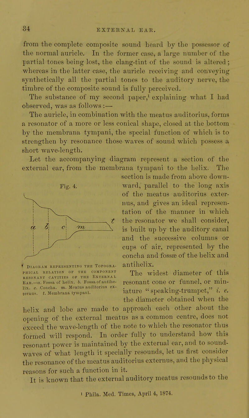 from the complete composite sound heard by the possessor of the normal auricle. In the former case, a large number of the partial tones being lost, the clang-tint of the sound is altered ; whereas in the latter case, the auricle receiving and conveying synthetically all the partial tones to the auditory nerve, the timbre of the composite sound is fully perceived. The substance of my second paper,^ explaining what I had observed, w^as as follows :— The auricle, in combination with the meatus auditorius, forms a resonator of a more or less conical shape, closed at the bottom by the membrana tympani, the special function of which is to strengthen by resonance those waves of sound which possess a short wave-length. Let the accompanying diagram represent a section of the external ear, from the membrana tympani to the helix. The section is made from above down- ward, parallel to the long axis of the meatus auditorius exter- nus, and gives an ideal represen- tation of the manner in which the resonator we shall consider, is built up by the auditory canal and the successive columns or cups of air, represented by the concha and fossse of the helix and antihelix. The widest diameter of this resonant cone or funnel, or min- iature  speaking-trumpet, i. e. the diameter obtained when the helix and lobe are made to approach each other about the opening of the external meatus as a common centre, does not exceed the wave-length of the note to which the resonator thus formed will respond. In order fully to understand how this resonant powder is maintained by the external ear, and to sound- waves of what length it specially resounds, let us first consider the resonance of the meatus auditorius externus, and the physical reasons for such a function in it. It is known that the external auditory meatus resounds to the ' Phila. Med. Times, April 4, 1874. Fig. 4. ♦ DiAOUAJI REPKESENTING THE TOPOGRA- PHICAL RELATION OP THE COMPONEXT RESONANT CAVITIES OF THE EXTERNAL Ear.—a. Fossa of helix, b. Fossa of antihe- lix. c. Coucha. «i. Meatus auditorius ex- ternus. t. Membrana tympani.