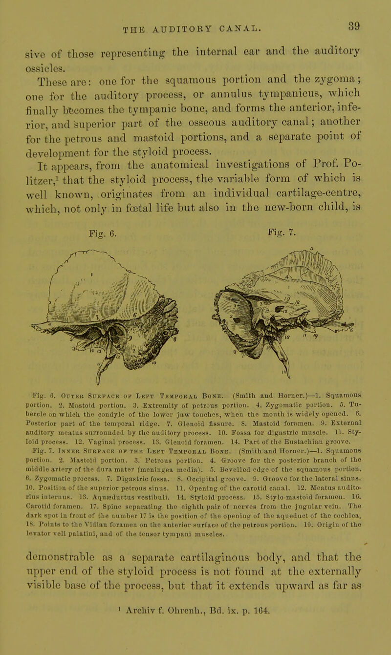 sive of those representing the internal ear and the auditory ossicles. These are: one for the squamous portion and the zygoma; one for the auditory process, or annul us tympanicus, which finally ht3comes the tympanic hone, and forms the anterior, infe- rior, and superior part of the osseous auditory canal; another for the petrous and mastoid portions, and a separate point of development for the styloid process. It appears, from the anatomical investigations of Prof. Po- litzer,^ that the styloid process, the variable form of which is well known, originates from an individual cartilage-centre, which, not only in foetal life but also in the new-born child, is Fig. 6. Fig. 7. Fig. 6. Outer Surface of Left Temporal Bone. (Smith and Horaer.)—1. Squamous portion. 2. Mastoid portion. 3. Extremity of petrous portion. 4. Zygomatic portion, o. Tu- bercle on whicli the condyle of the lower jaw touches, when the mouth is widely opened. 6. Posterior part of the temporal ridge. 7, Glenoid fissure. S. Mastoid foramen. 9. External auditory meatus surrounded by the auditory process, 10. Fossa for digastric muscle. 11. Sty- loid process. 12. Vaginal process. 13. Gleuoid foramen. 14. Part of the Eustachian groove. Fig. 7. Inner Surface op the Left Temporal Bone. (Smith and Horner.)—1. Sciuamous portion. 2. Mastoid portion. 3. Petrous portion. 4. Groove for the posterior branch of the middle artery of the dura mater (moniugea media). !i. Bevelled edge of the squamous portion. 6. Zygomatic process. 7. Digastric fossa. 8. Occipital groove. 9. Groove for the lateral sinus. 10. Position of the superior petrous sinus. 11. Opening of the carotid canal. 12. Meatus audito- rius internus. 13. Aquasductus vostibuli. 14. Styloid process. 15. Stylo-mastoid foramen. 16. Carotid foramen. 17. Spine separating the eighth pair of nerves from the jugular vein. The dark sjiot in front of the number 17 is the position of the opening of the aqueduct of the cochlea. 18. Points to the Vidian foramen on the anterior surface of the petrous portion. 19. Origin of tho levator veil palatini, and of tho tensor tynipani muscles. demonstrable as a separate cartilaginous body, and that the upper end of the styloid process is not found at the externally visible base of the process, but that it extends upward as far as ' Archiv f. Ohrcnh,, Bd. ix. p. 104.