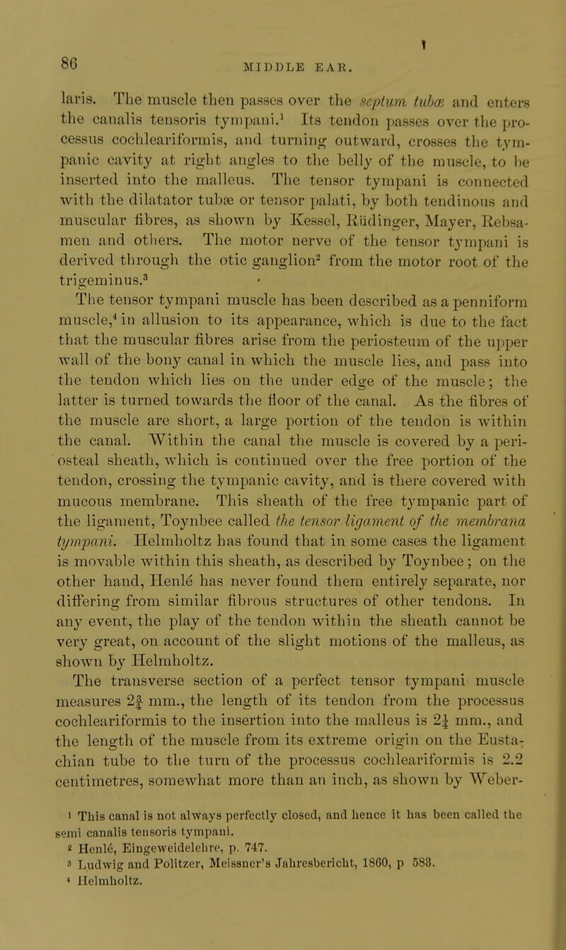 1 laris. The muscle then passes over the septum tubce and enters the canalis tensoris tympani.^ Its tendon passes over the pro- cessus cochleariformis, and turning outward, crosses the tym- panic cavity at right angles to the belly of the muscle, to he inserted into the malleus. The tensor tympani is connected with the dilatator tubse or tensor palati, by both tendinous and muscular fibres, as shown by Kessel, Riidinger, Mayer, Rebsa- men and others. The motor nerve of the tensor tympani is derived through the otic ganglion^ from the motor root of the trigeminus.^ The tensor tympani muscle has been described as a penniform muscle,^ in allusion to its appearance, which is due to the fact that the muscular fibres arise from the periosteum of the upper wall of the bony canal in which the muscle lies, and pass into the tendon which lies on the under edge of the muscle; the latter is turned towards the floor of the canal. As the fibres of the muscle are short, a large portion of the tendon is within the canal. Within the canal the muscle is covered by a peri- osteal sheath, which is continued over the free portion of the tendon, crossing the tympanic cavity, and is there covered with mucous membrane. This sheath of the free tympanic part of the ligament, Toynbee called the tensor ligament of the membrana tympani. Helmholtz has found that in some cases the ligament is movable within this sheath, as described by Toynbee; on the other hand, Henl^ has never found them entirely separate, nor differing from similar fibrous structures of other tendons. In any event, the play of the tendon within the sheath cannot be very great, on account of the slight motions of the malleus, as shown by Helmholtz. The transverse section of a perfect tensor tympani muscle measures 2f mm., the length of its tendon from the processus cochleariformis to the insertion into the malleus is 2^ mm., and the length of the muscle from its extreme origin on the Eusta- chian tube to the turn of the processus cochleariformis is 2.2 centimetres, somewhat more than an inch, as shown by Weber- 1 This canal is not always perfectly closed, and hence it has been called the semi canalis tensoris tympani. 2 Henl6, Eingeweidelehre, p. 747. 3 Ludwig and Politzer, Meissner's Jahresbericbt, 18C0, p 583. * Helmholtz.