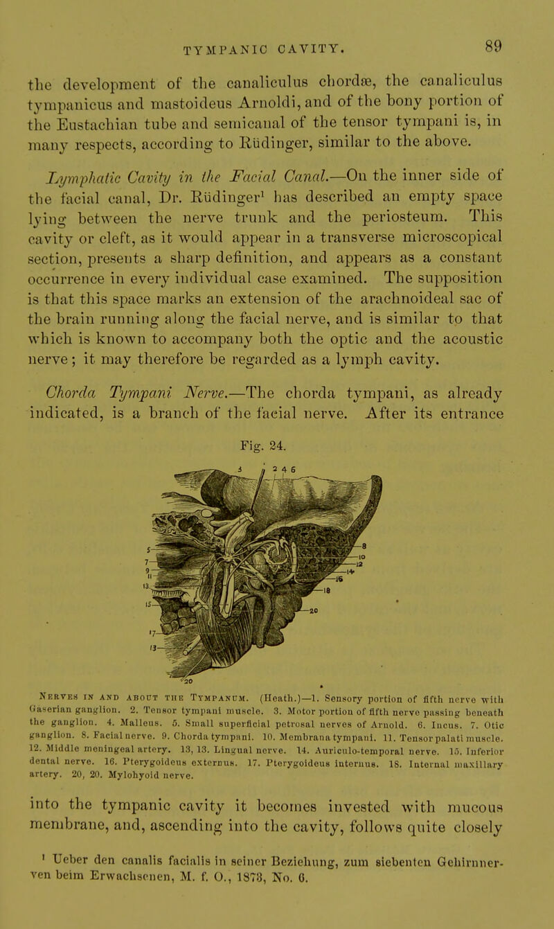 the development of the canaliculus chordce, the canaliculus tympanicus and mastoideus Arnoldi, and of the bony portion of the Eustachian tube and semicanal of the tensor tympani is, in many respects, according to Rudinger, similar to the above. Lymphatic Cavity in the Facial Canal.—On the inner side of the facial canal. Dr. Riidinger^ has described an empty space lying between the nerve trunk and the periosteum. This cavity or cleft, as it would appear in a transverse microscopical section, presents a sharp definition, and appears as a constant occurrence in every individual case examined. The supposition is that this space marks an extension of the arachnoideal sac of the brain running along the facial nerve, and is similar to that which is known to accompany both the optic and the acoustic nerve; it may therefore be regarded as a lymph cavity. Chorda Tympani Nerve.—The chorda tympani, as already indicated, is a branch of the facial nerve. After its entrance Fig. 24. ^30 Nerves in and about the Tympanum. (Heath.)—!. Sensory portion of nfth nerve with Gaserian ganglion. 2. Tensor tympani muscle. .3. Motor portion of fifth nervo passing beneath the ganglion. 4. Malleus. 6. Small superficial petrosal nerves of Arnold. 6. Incus. 7. Otic gftnglion. 8. Facial nerve. 9. Chorda tympani. 10. Mcmbrana tympani. 11. Tensorpalati muscle. 12. Middle meningeal artery. 1.3, 13. Lingual nerve. 14. Auriculo-temporal nerve, lo. luferior dental nerve. 16. Pterygoideus e-xternus. 17. Pterygoideus interuus. 18. Internal maxillary artery. 20, 20. Mylohyoid nerve. into the tympanic cavity it becomes invested with mucous membrane, and, ascending into the cavity, follows quite closely ' Ueber den canalis facialis in seiner Beziehung, zum siebentcu Geliirnner- ven beim Erwachscnen, M. f. O., 1878, No. 0.