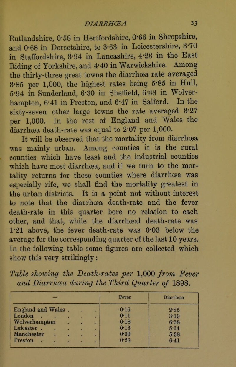 Kutlandshire, 0-58 in Hertfordshire, 0-66 in Shropshire, and 0-68 in Dorsetshire, to 3-63 in Leicestershire, 3-70 in Staffordshire, 3*94 in Lancashire, 4-23 in the East Biding of Yorkshire, and 4*40 in Warwickshire. Among the thirty-three great towns the diarrhoea rate averaged 3-85 per 1,000, the highest rates being 5-85 in Hull, 5-94 in Sunderland, 6-30 in Sheffield, 6-38 in Wolver- hampton, 6-41 in Preston, and 6*47 in Salford. In the sixty-seven other large towns the rate averaged 3'27 per 1,000. In the rest of England and Wales the diarrhoea death-rate was equal to 2-07 per 1,000. It will be observed that the mortality from diarrhoea was mainly urban. Among counties it is the rural counties which have least and the industrial counties which have most diarrhoea, and if we turn to the mor- tality returns for those counties where diarrhoea was especially rife, we shall find the mortality greatest in the urban districts. It is a point not without interest to note that the diarrhoea death-rate and the fever death-rate in this quarter bore no relation to each other, and that, while the diarrhoeal death-rate was 1*21 above, the fever death-rate was 0-03 below the average for the corresponding quarter of the last 10 years. In the following table some figures are collected which show this very strikingly : Table showing the Death-rates per 1,000 from Fever and Diarrhoea during the Third Quarter of 1898. Fever Diarrhoea England and Wales . 016 2-85 0-11 319 Wolverhampton 0-18 6-38 013 5-34 Manchester .... 0-09 5-38 Preston 0-28 6-41