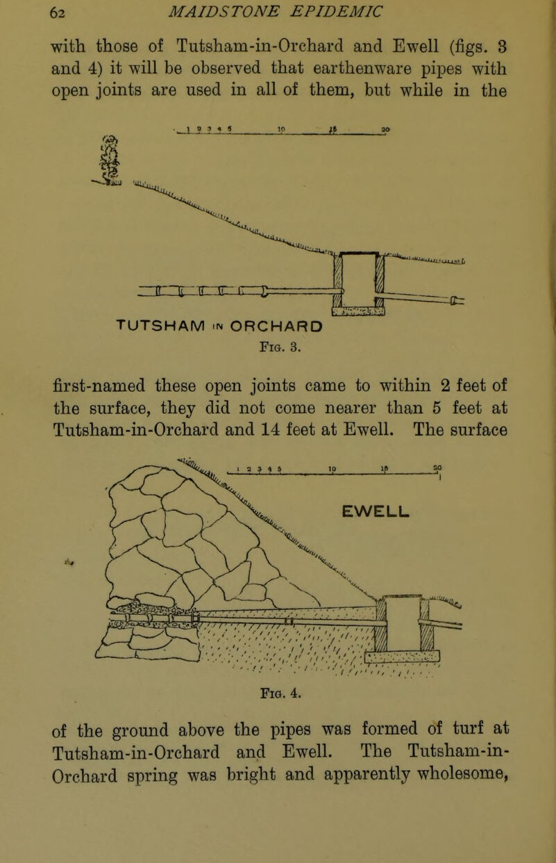 with those of Tutsham-in-Orchard and Ewell (figs. 3 and 4) it will be observed that earthenware pipes with open joints are used in all of them, but while in the TUTSHAM IN ORCHARD Fig. 3. first-named these open joints came to within 2 feet of the surface, they did not come nearer than 5 feet at Tutsham-in-Orchard and 14 feet at Ewell. The surface Fig. 4. of the ground above the pipes was formed of turf at Tutsham-in-Orchard and Ewell. The Tutsham-in- Orchard spring was bright and apparently wholesome,