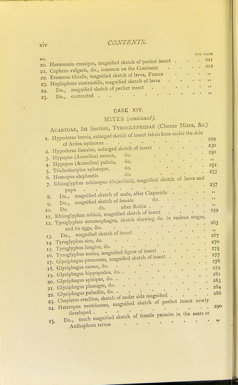 SEE PAGE 20. Hermanniacrassipes, magnified sketch of perfect insect . . -221 21. Cepheus vulgaris, do., common on the Continent . . 22. Eremseus tibialis, magnified sketch of larva, France . ■ 23. Hoplophora contracts, magnified sketch of larva . . • 24. Do., magnified sketch of perfect insect . 25. Do., contracted 2. 3- 4- 5- 6. 7- 8. 9- 10. 11. 12. 13- 14. iS- 16. 17- 18. 19. 20. 21. 22. 23- 24. 25 CASE XIV. MITES (continued). Acaridae, 1st Section, Tyroglyphidae (Cheese Mites, &c.) Hypoderas brevis, enlarged sketch of insect taken from under the skin of Ardea nyticorax . Hypoderas lineatus, enlarged sketch of insect . . • Hypopus (Acarellus) muscse, do. Hypopus (Acarellus) pulicis, do. Trichodactylus xylocopce, do. pupa ' ' Do , magnified sketch of male, after Claparede . . • • Do ' magnified sketch of female do. . Do do. after Robin . • • • RWzoglyphuS robinii, ^f^^t in various srages', Tyroglyphus entomopliagus, sketcli sno\\inb and its eggs, &c. . • • Do., magnified sketch of insect Tyroglyphus siro, do. Tyroglyphus longior, do. . Tvroglyphus mains, magnified figure of insect . • GlycipLgusprunorum, magnified sketch of insect . ^ Glyciphagus cursor, do. Glyciphagus hippopodos, do. . Glyciphagus spinipes, do. . Glyciphagus plumiger, do. . Glyciphagus palmifer do . . • ■ ^ ' Ch^l^«^^.rfB^X^i perfect insect newly Heteropus ventricosus, magnified sketcn v . . . D rtuct magnified sketch of female parasite in the nests 0. Anthophora retusa 229 230 250 »> 252 253 257 259 263 11 267 270 275 277 278 279 281 283 284 286 290