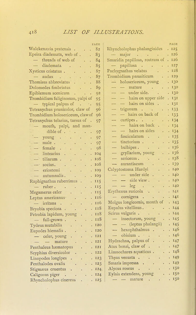 PAGE Walckenrcria pratensis . . . S2 Epeira diademata, web of . . 83 — threads of web of . . 84 — diademata . . -85 Xysticus cristatus . . . . 87 — audax . . . .87 Thomisus abbreviatus . . S8 Dolomedes fimbriatus . . 89 Epiblemum scenicum . . . 92 Trombidium fuliginosum, palpi of 95 — typical palpus of . ' • 95 Tetranychus pranicolor, claw of 96 Trombidium holosericeum, clawof 96 Tetranychus telarius, tarsus of . 97 — mouth, palpi, and man- dible of . . . 97 — young . . . .97 — male 97 — female . . . . 98 — lintearius . . . . 104 — tiliarum . . . .108 — socius. . . . 108 — eriostemi . . .109 — autumnalis. . . . 109 Raphignathus ruberrimus . . 115 — ruber 115 Megamerus celer . . . 115 Leptus americanus' . . .116 — irritans . . . .116 Bryobia speciosa . . . . 118 Petrobia lapidum, young . .118 — full-grown . . . 118 Tydeus mutabilis . . .120 Eupodes hiemalis . . . . 120 — celer, young . . .121 — — mature . . . 121 Penthaleus hsematopus . .121 Scyphius diversicolor . . . 122 Linopodes longipes . . .123 Penthalodes ovalis . . . 123 Stigmaeus cruentus . . .124. Caligonus piger . . . . 124 Rhyncholophus cinereus . .125 PAGE Rhyncholophus phalangioides . 125 — major . 126 Smaridia papillosa, rostrum of . 126 — papillosa . . 127 Pachygnathus velatus . 128 Trombidium parasiticum . 129 — holosericeum, young . 130 — — mature • 130 — — under side. • 130 — ■— hairs on upper side • — — hairs on sides . • 131 — trigonum . • 133 — — hairs on back of • r33 — curtipes. . • 134 — — hairs on back . • 134 — — hairs on sides • !34 — fasciculatum . • 135 — tinctorium . • 135 — bulbipes . . 136 — gryllarium, young . I3b — sericeum. . 138 — aurantiacum • 139 Calyptostoma Hardyi . 140 — — under side . . 14b — — side view . . 140 — — leg . 140 Erythrceus ruricola . 141 — comigera . • HI Molgus longicornis, mouth of • r43 Eupalus vitellinus. • 144 Scirus vulgaris . • 144 — insectorum, young . — — (leptus phalangii) • 145 ■— hexophthalmus . . I4O — obisium . . I4O Hydrachna, palpus of . • 147 Atax bonzi, claw of . • H7 Limuochares aquaticus . . I48 Thyas venusta • • H9 Smaris impressa . . 149 Alycus roseus . Eylais extendens, young . 150 — — mature • i5°