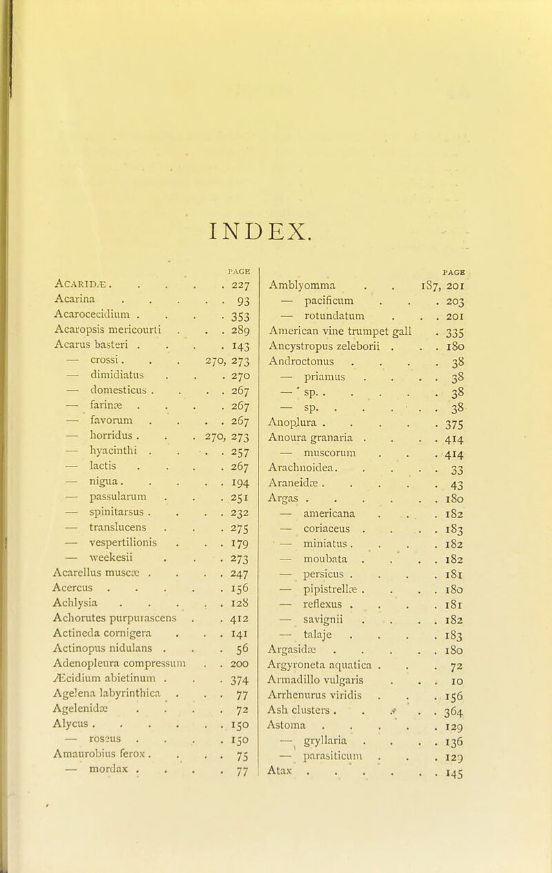 INDEX. PAGE A P 1 Dl T~1 T* /YCAKlD.-i, . . . . 227 Acarina ... 93 Acarocecidium . 353 Acaropsis mericourti • 289 Acarus bastei'i . . , H3 — crossi. . . 270, 273 — dimidiatus 270 — domesticus . 267 — farince . . , 267 — favorum 267 — horridus . 270, 273 — hyacinthi 257 — lactis . . . 267 — nigua. 194 — passularum 251 — spinitarsus . * 232 — translucens 275 — vespertilionis 179 — weekesii 273 Acarellus musccc . 247 Acercus . 156 Achlysia 128 Achorutes purpurascens 412 Actincda cornigera 141 Actinopus nidulans . 56 Adenopleura compressum 200 TEcidium abietinum . 374 Agelena labyrinthica 77 Agelenida: 72 Alycus .... 150 — rossus 150 Amaurobius ferox. 75 — mordax . 77 PAGE Amblyomma 187. 20I — pacificum • 203 ■— rotundatum . . 201 American vine trumpet gall • 335 Ancystropus zeleborii . . . IoO Androctonus • 38 — priamus . . 38 — ' sp. . . . • 38 — sp. . . . 38 AnopJura .... • 375 Anoura granaria . • • 4H — muscorum • 414 Arachnoidea. • • 33 Araneidas .... • 43 Argas .... . . 180 —■ americana . Io2 — coriaceus . . . 183 — miniatus. . 182 — moubata . . 182 —■ persicus . . . . 1S1 — pipistrellx . . . 180 — reflexus . . 181 — savignii . . 182 — talaje . 183 Argasidx . . 180 Argyroneta aquatica . • 72 Armadillo vulgaris . . 10 Arrhenurus viridis . iS6 Ash clusters. . .1 • • 364 Astoma .... . 129 — gryllaria • • 136 — parasiticum . 129 Atax .... • • 145