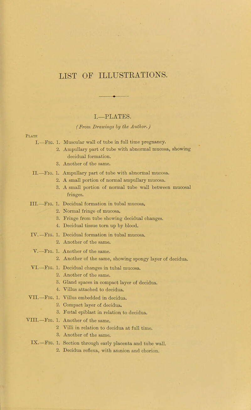 Plate I.—Fig. 1. 2. 3. II.—Fig. 1. 2. 3. III. —Fig. 1. 2. 3. 4. IV. — Fig. 1. 2. V.— Fig. 1. 2. VI.— Fig. 1. 2. 3. 4. VII.—Fig. 1. 2. 3. VIII.—Fig. 1. 2 3. IX.—Fig. 1. 2. I.—PLATES. (From Drawings by the Author.) Muscular wall of tube in full time pregnancy. Ampullary part of tube with abnormal mucosa, showing decidual formation. Another of the same. Ampullary part of tube with abnormal mucosa. A small portion of normal ampullary mucosa. A small portion of normal tube wall between mucosal fringes. Decidual formation in tubal mucosa. Normal fringe of mucosa. Fringe from tube showing decidual changes. Decidual tissue torn up by blood. Decidual formation in tubal mucosa. Another of the same. Another of the same. Another of the same, showing spongy layer of decidua. Decidual changes in tubal mucosa. Another of the same. Gland spaces in compact layer of decidua. Villus attached to decidua. Villus embedded in decidua. Compact layer of decidua. Foetal epiblast in relation to decidua. Another of the same. Villi in relation to decidua at full time. Another of the same. Section through early placenta and tube wall. Decidua reflexa, with amnion and chorion.