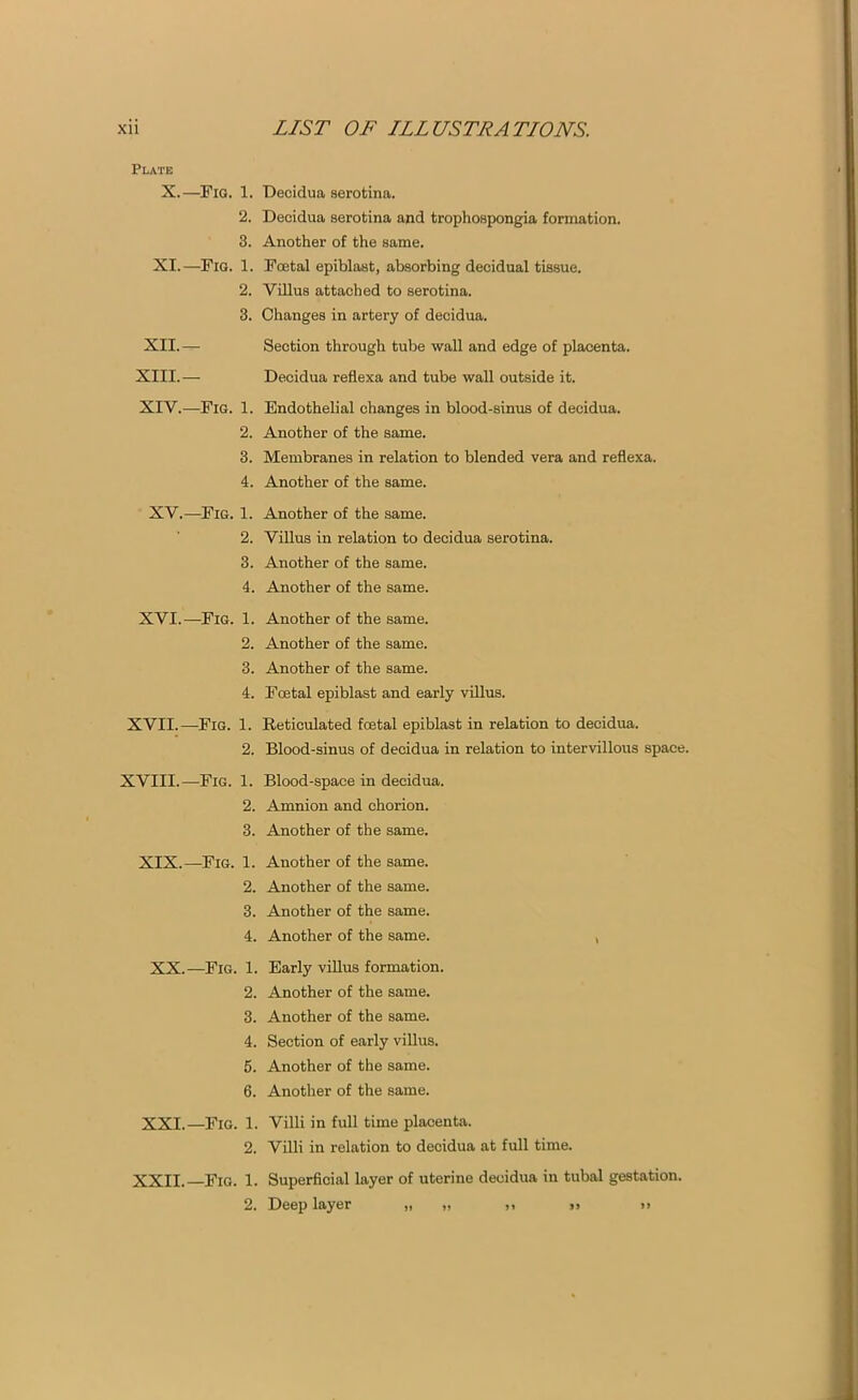 Plate X.—Fig. 1. Decidua serotina. 2. Decidua serotina and trophospongia formation. 3. Another of the same. XI.—Fig. 1. Foetal epiblast, absorbing decidual tissue. 2. Villus attached to serotina. 3. Changes in artery of decidua. XII. — Section through tube wall and edge of placenta. XIII. — Decidua reflexa and tube wall outside it. XIV. —Fig. 1. Endothelial changes in blood-sinus of decidua. 2. Another of the same. 3. Membranes in relation to blended vera and reflexa. 4. Another of the same. XV.—Fig. 1. Another of the same. 2. Villus in relation to decidua serotina. 3. Another of the same. 4. Another of the same. XVI.—Fig. 1. Another of the same. 2. Another of the same. 3. Another of the same. 4. Foetal epiblast and early villus. XVII.—Fig. 1. Reticulated foetal epiblast in relation to decidua. 2. Blood-sinus of decidua in relation to intervillous space. XVIII.—Fig. 1. Blood-space in decidua. 2. Amnion and chorion. 3. Another of the same. XIX.—Fig. 1. Another of the same. 2. Another of the same. 3. Another of the same. 4. Another of the same. , XX.—Fig. 1. Early villus formation. 2. Another of the same. 3. Another of the same. 4. Section of early villus. 5. Another of the same. 6. Another of the same. XXI.—Fig. 1. Villi in full time placenta. 2. Villi in relation to decidua at full time. XXII.—Fig. 1. Superficial layer of uterine decidua in tubal gestation. 2. Deep layer „ „ » » >>