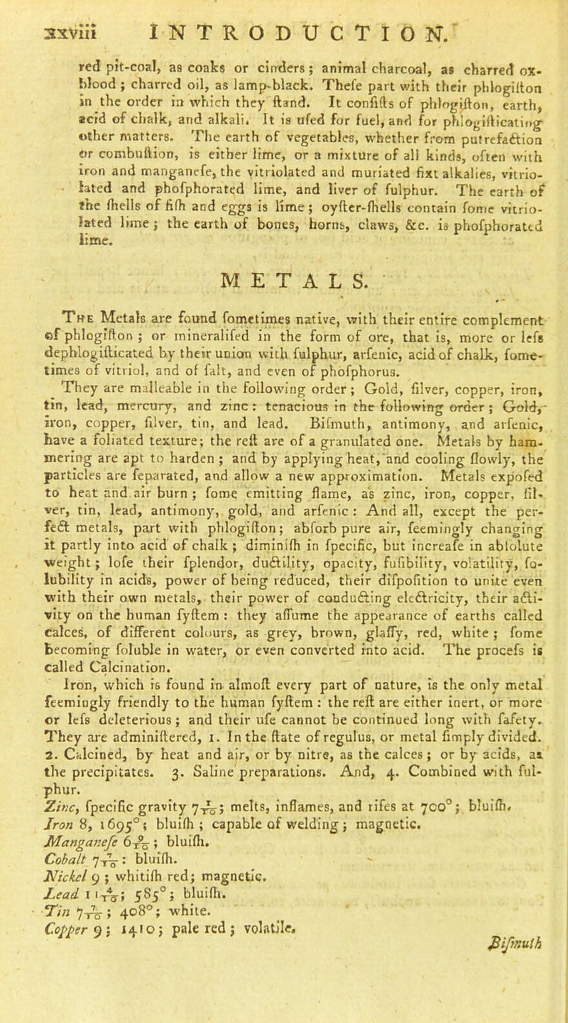 red p5t-coal, as coaks or cirrders; animal charcoal, as charred ox- hlood ; charred oil, as lamp-black. Thefe part with their phlogilton in the order in which they ftand. It confifts of phlogjiton, earth, acid of chalk, and alkali. It is ufed for fuel, and for phlogiilicatitig- other matters. The earth of vegetables, whether from putrefaftion or combuftion, is either lime, or a mixture of all kinds, often with iron and manganefe, the vitriolated and muriated fixt alkalies, vitrio- hted and phofphorated lime, and liver of fulphur. The earth of the (hells of fifh and eggs is lime; oyflcr-fhells contain fome vitrio- lated lime} the earth of bones, horns, claws, &c. is phofphorated lime. METALS. The Metals are found fometimes native, with their entire complement ©rphlogtflon ; or mineralifed in the form of ore, that is, more or lefs depblogillicated by their union with fulphur, arfenic, acid of chalk, fome- times of vitriol, and of fait, and even of phofphorus. They are malleable in the following order; Gold, filver, copper, iron, tin, lead, mercury, and zinc: tenacious in the following order; Gold,- iron, copper, filver, tin, and lead. Bifmuth, antimony, and arfenic, have a foliated texture; the reft are of a granulated one. Metals by ham- mering are apt to harden ; and by applying heat,‘and cooling flowly, the particles are feparated, and allow a new approximation. Metals expofed to heat and. air burn ; fome emitting flame, as zinc, iron, copper, fiN ver, tin, lead, antimony, gold, and arfenic : And all, except the per- feft metals, part with phlogifton; abforb pure air, feemingly changing it partly into acid of chalk ; diminifh in fpccific, but increafe in ablolute weight; lofe their fplendor, duftility, opacity, fufibllity, volatility, fa- llibility in acids, power of being reduced, their difpofition to unite even with their own metals, their power of condufting eledlricity, their adli- vity on the human fyftem ; they affume the appearance of earths called calces, of different colours, as grey, brown, glaffy, red, white ; fome becoming foluble in water, or even converted into acid. The procefs is called Calcination. Iron, which is found in alinoft every part of nature, is the only metal feemingly friendly to the human fyftem : the reft are either inert, or more or lefs deleterious; and their ufe cannot be continued long with fafety. They are adminiftered, i. In the ftate of regulus, or metal fimply divided. 2. Calcined, by heat and air, or by nitre, as the calces; or by acids, aa the precipitates. 3. Saline preparations. And, 4. Combined with ful- phur. Zincy fpecific gravity y-Aj melts, inflames, and rifes at 700°; bluifh. Iron 8, 1695°; bluifh; capable of welding ; magnetic. Mangaitefe 6^; bluifh. Cobalt yA-: bluifh. Nickel 9 ; whitifh red; magnetic. Lead 585°; bluifli. Tin 7i^; 408°; w'hite. Copper pale red j volatile. ^ifrnuth