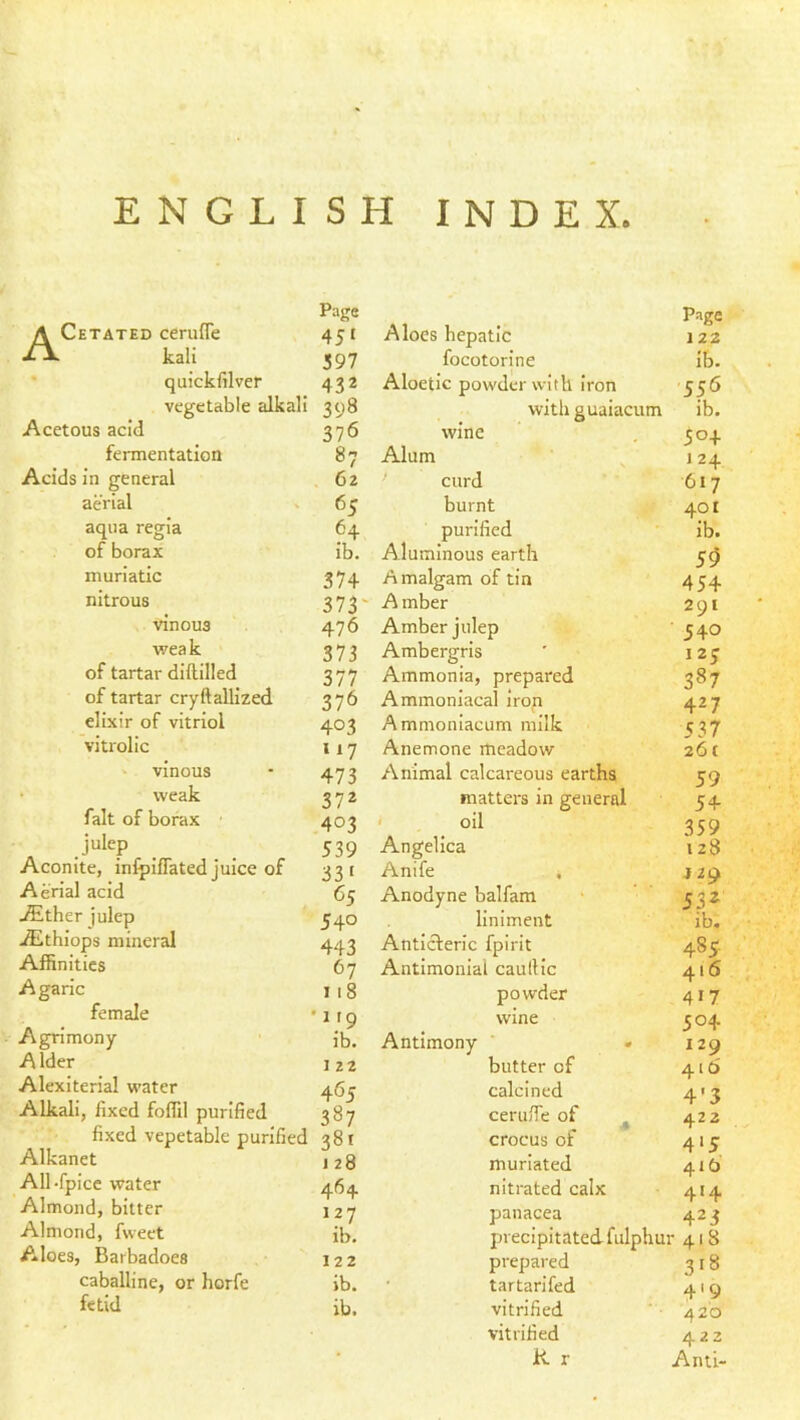 ACetated cerufle kali quickfilver vegetable alkali Acetous acid fermentation Acids in general aerial aqua regia of borax muriatic nitrous vinous weak of tartar diftilled of tartar cryftallized elixir of vitriol vitrolic ' vinous • weak fait of borax Julejp Aconite, infpiffated juice of Aerial acid ^ther julep Aithiops mineral Affinities Agaric female Agrimony Alder Alexiterial water Alkali, fixed foffil purified fixed vepetable purified Alkanet All-fpicc water Almond, bitter Almond, fweet Aloes, Barbadoes caballine, or horfe fetid Aloes hepatic Page 122 focotorine ib. Aloetic powder with Iron 556 with guaiacum ib. wine 504 Alum 124 curd 617 burnt 401 purified ib. Aluminous earth 50 Amalgam of tin 454 Amber 291 Amber julep 540 Ambergris 125 Ammonia, prepared 387 Ammoniacal irop 427 Ammonlacum milk 537 Anemone meadow 26 ( Animal calcareous earths 59 matters in general 54 ' oil 359 Angelica 128 Anife , jza Anodyne balfam 532 liniment ib. Antlcferic fpirit 485. Antimonial caulHc 416 powder 4'7 wine 504 Antimony • 129 butter of 416 calcined 4'3 cerulTe of ^ 42 2 crocus of 4‘5 murlated 41b nitrated calx 414 panacea 423 precipitated fulphur 41 8 prepared 3'8 • tartarifed 419 vitrified 420 vitrified 422 K. r Anti- Page 45' 397 432 398 376 87 62 65 64 ib. 374 373 476 373 377 376 403 117 473 372 403 539 33' C5 540 443 67 118 119 ib. 1 22 465 387 38' 128 464 127 ib, 122 ib. ib.
