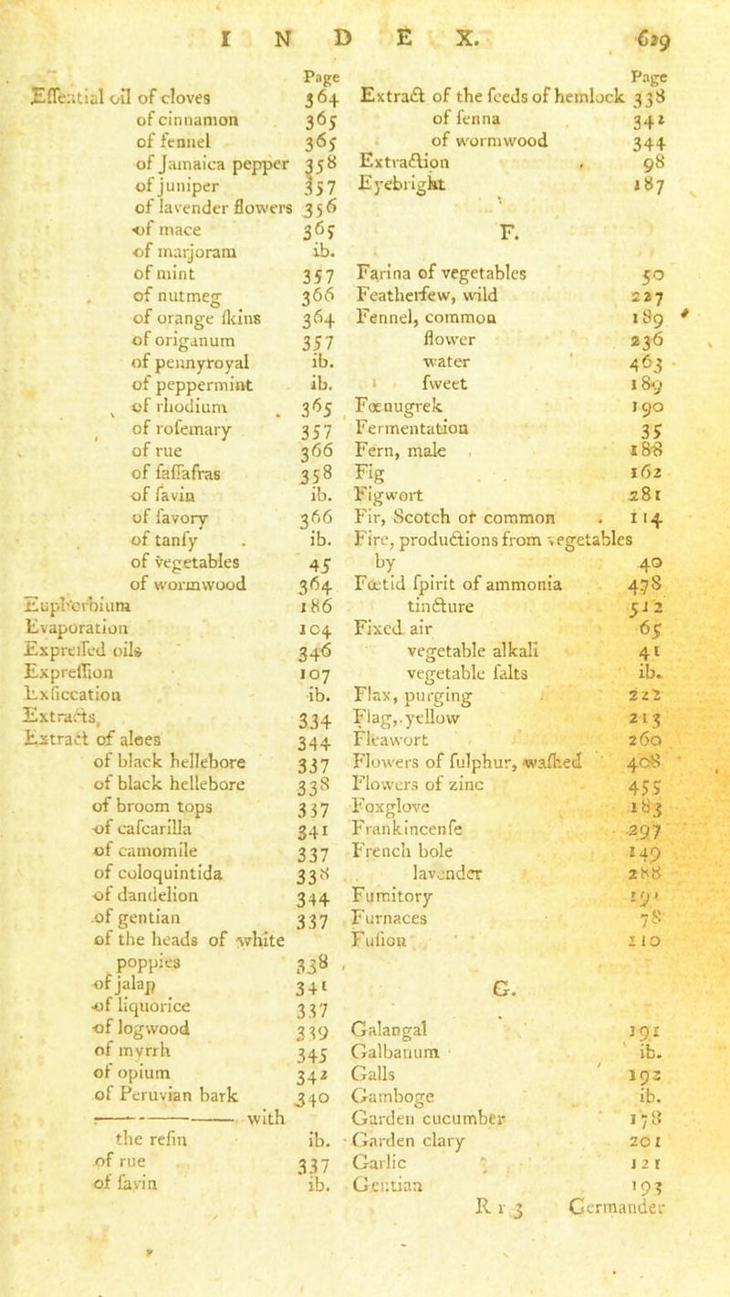 “ Page Efle;;tial cril of cloves $ 64 of cinnamon 365 of fennel 365 of Jamaica pepper 358 of juniper 357 of lavender flowers 356 •of mace 365 of marjoram ib. ' of mint 357 . of nutmeg 366 of orange fleins 364 of origanum 357 of pennyroyal ib. of peppermint ib. ^ of rhodium , 3*^5 , of rofemary 357 of rue 366 of fafiafras 358 of favin ib. of favory 366 . of tanfy . ib. of vegetables 45 of woi’mwood 364 Eupborbium 186 Evaporation ' IC4 Expreifed oil* ’ 346 Exprefljon 107 Exficcation ib. Extracts, 334 Extract of aloes 344 of black hellebore 337 of black hellebore 338 of broom tops 337 of cafcarilla 341 of camomile 337 of coloquintida 338 of dandelion 344 of gentian 337 of the heads of white poppies 338 , of jalap 341 •of liquorice 337 of logwood 339 of myrrh 343 of opium 34z of Peruvian bark 340 ; with the refill ib. • of rue 337 of lavin ib. Page Extract of the feeds of hemlock 338 of fenna 34* of w'ormvvood 344 Extraftion 98 Eyebright 187 F. Farina of vegetables 50 Featherfew, vvnld 227 Fennel, common 189 flower 236 water 463 1 fwect 189 Fotnugrek 190 Fermentation SS Fern, male 18S Fjg 162 Figwoil 281 Fir, Scotch of common . 114 Fire, produftions from ve getables by . . 40 Foetid fpirit of ammonia 47 S tinfture 5J2 Fixed air 65 vegetable alkali 41 vegetable falts ib» Flax, purging 2z2 Flag,, ye How 213 Flcawort 260 Flowers of fulphur, 'walhed 40^ Flo-wcrs of zinc 455 Foxglove 183 Frankincenfe 297 French bole 149 lavender 288 Fumitory ’-r- Furnaces 78 F uficn no G. Galangal ,3 9.i Galbanum ib. Galls 193 Gamboge ib. Garden cucumber ‘ 178 Garden clary 201 Garlic ; 12 r Gentian ’9? R r 3 Cerrnander