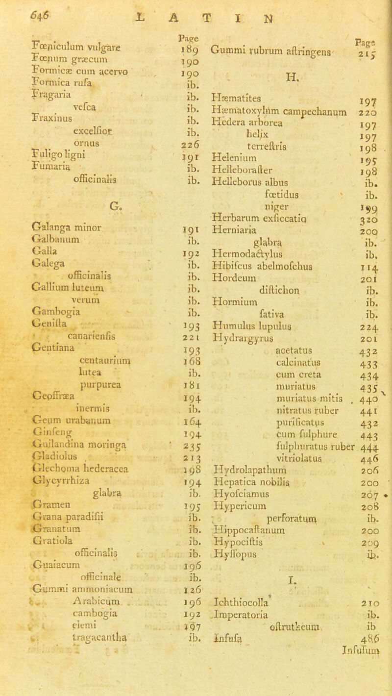 Foeniculum vuJgare Foenum gra:cum Formica; cum accrvo Formica rufa Fragaria vefca Fraxinus excelfior ornus Fuligo ligni Fumaria officinalis Galanga minor Galbaiuim Oalla Galega officinalis Gallium luteum verum Gamhogia Gcnilta canarienfis Gcntiana centauriurn lutca purpurea Gepffi-aEa inermis Gciim urabaiium Ginfeng C^uilandina morinca Page 189 190 190 ib. ib. ib. ib. ib. 226 191 ib. ib. 191 ib. 192 ib. ib. ib. ib. ib. ’93 221 ’93 s6S ib. 181 194 ib. 164 194 GummI rubrum afliingens H. Hsematites H<ematoxyIrtm campechanum Hedera arborea hel;x ten'eftris Helenlum Hdleboi-after Helleborus albns foetidus uiger Herbarum exficcatiq Herniaria glabra Hermodaftylus Hibifcus abelmofchus Hordeum diftichon Hormium fativa Humulus lupulus Hydrai gyrus acetatus calcinatiis cum creta muriatus muriatus mitis nitratus ruber purificatvis cum fulphure Pages 215 197 220 197 197 198 . 198 ib. ib. 199 320 200 ib. ib. ”4 201 ib. ib. ib. 224 201 432 433 434 435^ 440 441 432 443 Gladiolus 2’3 vltriolatus 446 Glechoma hederacea 198 Hydrolapatluini 2ofi Glycyrrhiza '94 Hepatica nobilis 200 glabra ib. Flyofciamus 267 * Gramen ’95 Hypericum 208 Grana paradifii ib. ; perforatun^ Ib. Granatum ib. Hippocaftauum 200 Gratiola ib. HypocilHs \ 209 officinalis Guaiacum . ib. 196 sHylfopus ib. officinale ib. I. . t Gummi amnroniacum 1 z6 . Arabicum 196 Ichthiocolla 210 cambogia 192 .Imperatoria ib. i elcmi 3197 ollrutkeum ib i.. tragacantlia ib. Infafa 4Hb Infuruw