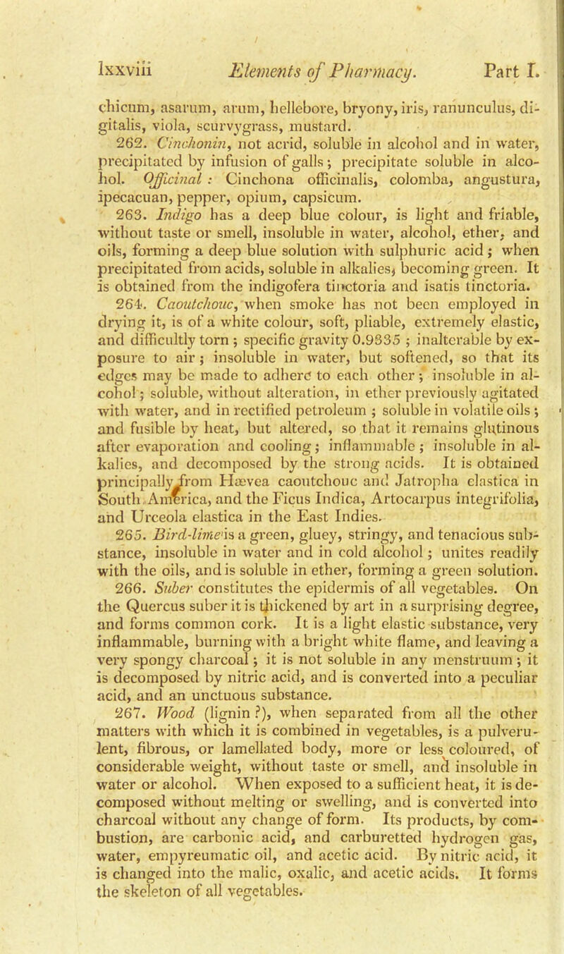 chicum, asarum, arum, liellebove, bryony, iris, ranunculus, di- gitalis, viola, scurvygrass, mustard. 262. Cinchonin, not acrid, soluble in alcohol and in water, precipitated by infusion of galls; precipitate soluble in alco- hol. Officinal : Cinchona officinalis, colomba, angustura, ipecacuan, pepper, opium, capsicum. 263. Indigo has a deep blue colour, is light and friable, without taste or smell, insoluble in water, alcohol, ether, and oils, forming a deep blue solution with sulphuric acid ; when precipitated from acids, soluble in alkalies* becoming green. It is obtained from the indisiofera tinctoria and isatis tinctoi'ia. 264-. Caoutchouc, when smoke has not been employed in drying it, is of a white colour, soft, pliable, extremely elastic, and difficultly torn ; specific gravity 0.9335 ; inalterable by ex- posure to air; insoluble in water, but softened, so that its edges may be made to adhere to each other •, insoluble in al- cohol ; soluble, without alteration, in ether previously agitated with water, and in rectified petroleum ; soluble in volatile oils *, and fusible by heat, but altered, so that it remains glutinous after evaporation and cooling; inflammable; insoluble in al- kalies, and decomposed by the strong acids. It is obtained principallyirom Hasvea caoutchouc and Jatropha elastica in South. America, and the Ficus Indica, Artocarpus integrifolia, and Urceola elastica in the East Indies. 265. Bird-linens a green, gluey, stringy, and tenacious sub- stance, insoluble in water and in cold alcohol; unites readily with the oils, and is soluble in ether, forming a green solution. 266. Suber constitutes the epidermis of all vegetables. On the Quercus suber it is thickened by art in a surprising degree, and forms common cork. It is a light elastic substance, very inflammable, burning with a bright white flame, and leaving a very spongy charcoal; it is not soluble in any menstruum ; it is decomposed by nitric acid, and is converted into a peculiar acid, and an unctuous substance. 267. Wood (lignin ?), when separated from all the other matters with which it is combined in vegetables, is a pulveru- lent, fibrous, or lamellated body, more or less coloured, of considerable weight, without taste or smell, ana insoluble in water or alcohol. When exposed to a sufficient heat, it is de- composed without melting or swelling, and is converted into charcoal without any change of form. Its products, by com- bustion, are carbonic acid, and carburetted hydrogen gas, water, empyreumatic oil, and acetic acid. By nitric acid, it is changed into the malic, oxalic, and acetic acids. It forms the skeleton of all vegetables.