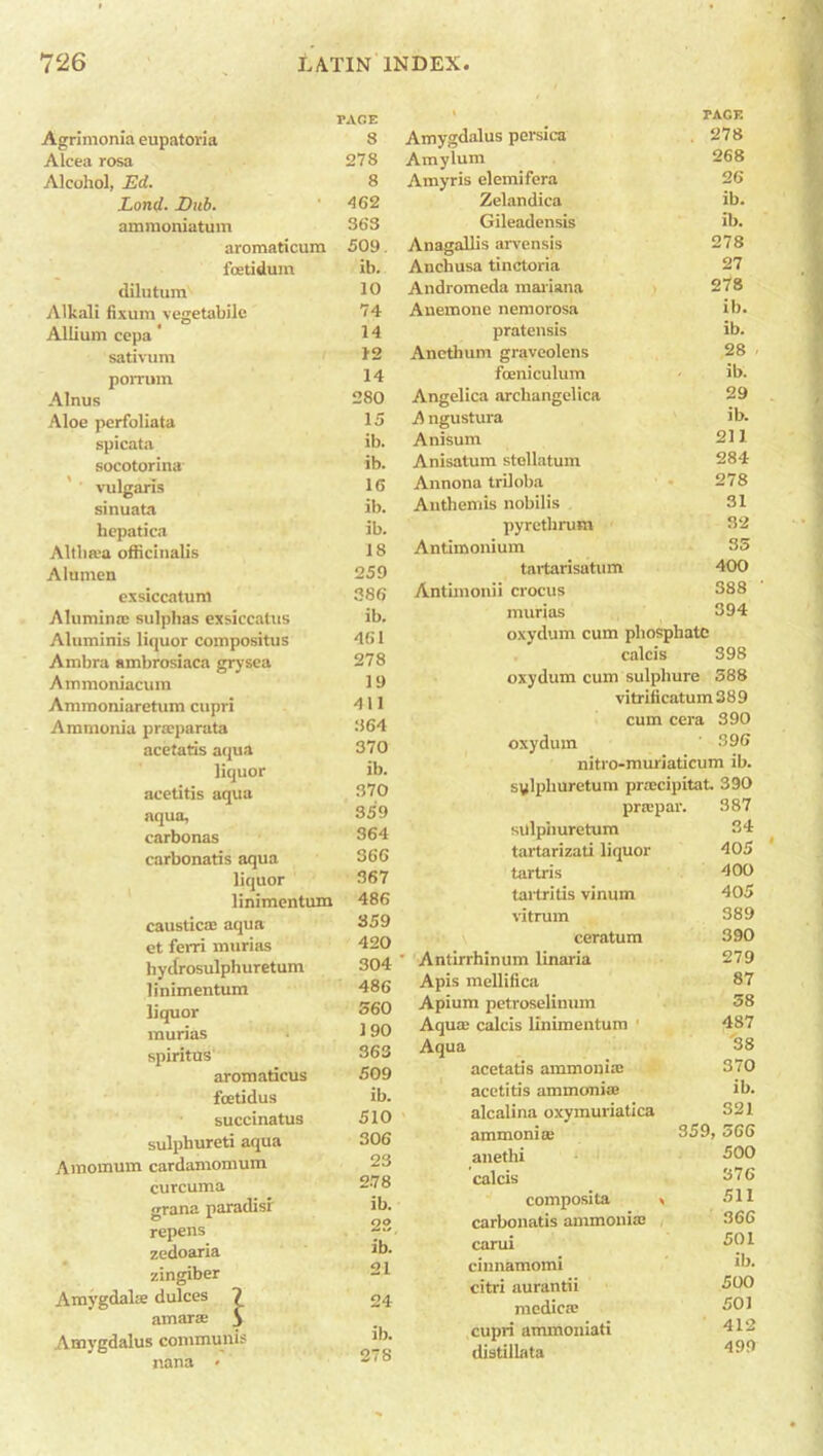 Agrimonia eupatoria PACE 8 Alcea rosa 278 Alcohol, Ed. 8 Lond. Dub. 462 ammoniatum 363 aromaticum 509. foetidum ib. dilutum 10 Alkali fixum vegetabile 74 AlLium cepa ' 14 sativum 12 porrum 14 Alnus 280 Aloe perfoliata 15 spicata ib. socotorina ib. vulgaris 16 sinuata ib. bepatica ib. Altba>a officinalis 18 Alumen 259 exsiccatum 386 Alumina: sulphas exsiccatus ib. Aluminis liquor compositus 461 Ambra ambrosiaca grysea 278 Ammoniacum 19 Ammoniaretum cupri 411 Ammonia prseparata 364 acetatis aqua 370 liquor ib. acetitis aqua 370 aqua. 359 carbonas 364 carbonatis aqua 366 liquor 367 linimentum 486 causticae aqua 359 et ferri murias 420 hydrosulphuretum 304 linimentum liquor murias spiritus aromaticus foetidus succinatus sulphured aqua Amoinum cardamomum curcuma grana paradisi repens zedoaria zingiber Amygdalae dulces amaras $ Amygdalus communis nana < 560 190 363 509 ib. 510 306 23 2.78 ib. 23 ib. 21 24 ib. 278 » PAGE Amygdalus persica 278 Amylum 268 Amyris elemifera 26 Zelandica ib. Gileadensis ib. Anagallis arvensis 278 Anchusa tinctoria 27 Andromeda mariana 278 Anemone nemorosa ib. pratensis ib. Ancthum graveolens 28 fceniculum ib. Angelica arckangelica 29 A ngustura ib. Anisum 211 Anisatum stellatum 284 Annona triloba 278 Anthemis nobilis 31 pyrethrum 32 Antimonium 35 tartarisatum 400 Antixnonii crocus 388 murias 394 oxydum cum phosphate calcis 398 oxydum cum sulplmre 588 vitrificatum389 cum cera 390 oxydum 396 nitro-muriaticum tb. sylphuretum preecipitat. 390 prn:par. 387 sulpnuretum 34 tartarizati liquor 40 5 tartris 400 tartritis vinum 405 vitrum 389 ceratum 390 Antirrhinum linaria 279 Apis mellifica 87 Apium pctroselinum 58 Aqua: calcis linimentum ‘ 487 Aqua '38 acetatis ammonia: 370 acetitis ammonias ib. alcalina oxymuriatica 321 ammonias 359 566 anethi 500 calcis 376 composita \ 511 carbonatis ammonia: 366 carui 501 cinnamomi ib. citri aurantii 500 modica: 501 cupri ammoniati 412 distillata 499