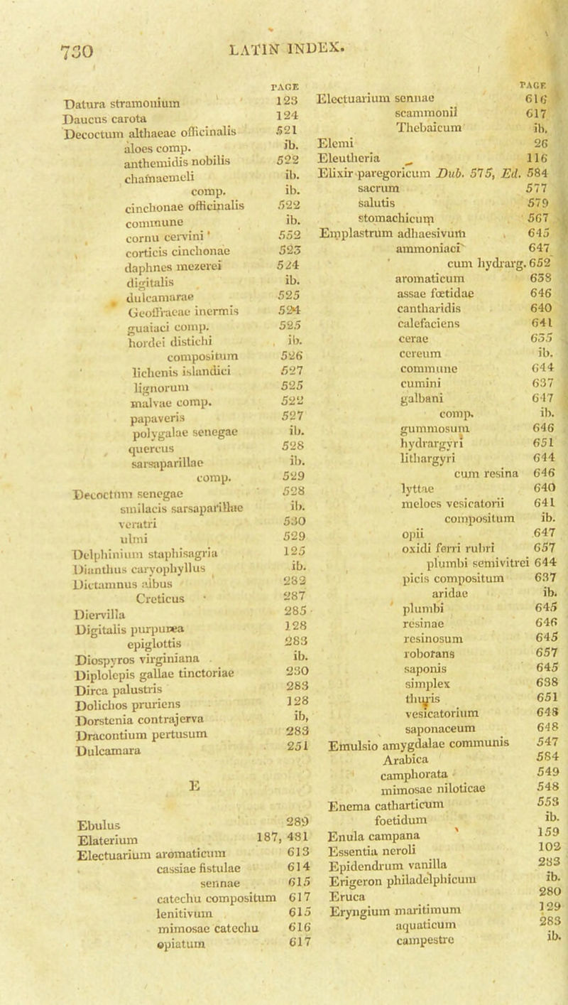 Datura stramonium Daucus carota Decoctum altliaeae officinalis aloes comp, anthemidis nobilis chafnaemeli comp. cincbonae officinalis commune cornu cervini' corticis cincbonae daphnes mezerei digitalis dulcamaras Geoffraeae inermis guaiaci comp, hordei distichi compositum licbenis islandici lignorum malvae comp, papaveris polygalae senegae quercus sarsaparillae comp. Decoctum senegae smilacis sarsaparilbie veratri idmi Delphinium stapbisagria Diantbus caryopliyllus Dictanmus ajbus Creticus Dien’illa Digitalis purpuwa epiglottis Diospyros virginiana Diplolepis gallae tinctoriae Dirca palustris Doliclios pruriens Dorstenia contrajerva Dracontium pertusum Dulcamara E Ebulus Elaterium Electuarium aromaticum cassiae fistulae sennae catechu compositum lenitivum mimosae catechu epiatum ’ACE tage 123 Electuarium sennae 616 124 scamraonil 617 521 Thebaicum ib. ib. Elemi 26 522 Eleutberia 116 ib. Elixir pavegoricum Dub. 575, Ed. 584 ib. sacrum 577 522 salutis 579 ib. stomachicum 567 552 Emplastrum adhaesivum 645 1 523 ammoniac! 647 524 cum bydrarg .652 ib. aromaticum 658 525 assae feetidae 646 524 cantharidis 640 52 5 calefaciens 641 ib. cerae 655 ■ 526 cereum ib. 527 commune 644 525 cumini 637 522 galbani 617 527 comp. ib. ib. gummosum 646 528 hydrargyri 651 ib. lithargyri 644 529 cujn resina 646 528 lyttae 640 ib. melocs vesicatorii 641 530 compositum ib. 529 opii 647 125 oxidi ferri rubri 657 ib. plumbi semivitrei 644 282 picis compositum 637 287 aridae ib. 285 plumbi 645 128 resinae 646 283 resinosum 645 ib. roborans 657 230 saponis 645 283 simplex 638 128 lb ups 651 ib, vesicatorium 648 283 saponaceum 648 251 Emulsio amygdalae communis 547 Arabica 584 camphorata 549 mimosae niloticae 548 Enema catliarticum 553 289 foetidum ib. 7, 481 Enula campana 159 613 Essentia neroli 102 614 Epidendrum vanilla 283 615 Erigeron philadelphicuiu ib. i 617 Eruca 280 615 Eryngium maritimum 129 616 aquaticum 283 617 campestre