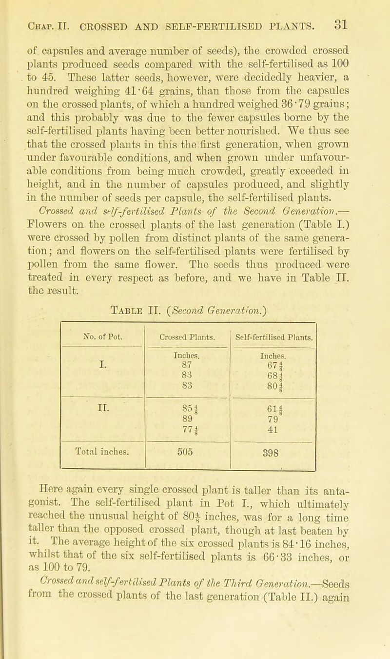 of capsules and average number of seeds), the crowded crossed plants produced seeds compared with the self-fertilised as 100 to 45. These latter seeds, however, were decidedly heavier, a hundred weighing 41 ■ 64 grains, than those from the capsules on the crossed plants, of which a hundred weighed 36’79 grains; and this probably was due to the fewer capsules borne by the self-fertilised plants having been better nourished. We thus see that the crossed plants in this the first generation, when grown under favourable conditions, and when grown under unfavour- able conditions from being much crowded, greatly exceeded in height, and in the number of capsules produced, and slightly in the number of seeds per capsule, the self-fertilised plants. Crossed and self-fertilised Plants of the Second Generation.— Flowers on the crossed plants of the last generation (Table I.) were crossed by pollen from distinct plants of the same genera- tion ; and flowers on the self-fertilised plants were fertilised by pollen from the same flower. The seeds thus produced were treated in every respect as before, and we have in Table II. the result. Table II. (Second Generation.') No. of Pot. Crossed Plants. Self-fertilised Plants. Inches. Inches. I. 87 671 83 68g 83 80| II. 851 611 89 79 771 41 Total inches. 505 398 Here again every single crossed plant is taller than its anta- gonist. The self-fertilised plant in Pot I., which ultimately reached the unusual height of 80| inches, was for a long time taller than the opposed crossed plant, though at last beaten by it. The average height of the six crossed plants is 84'16 inches, whilst that of the six self-fertilised plants is 66'33 inches, or as 100 to 79. Crossed and, self-fertilised Plants of the Third, Generation.—Seeds from the crossed plants of the last generation (Table II.) again