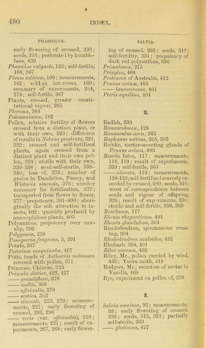 t 480 INDEX. PHASEOLUS. early flowering of crossed, 293; seeds, 316; perforate 1 by humble- bees, 430 Phaseolus vulgaris, 153; self-fertile, 168, 367 Pisum sativum, 160 ; measurements, 162; seldom intercross, 169; summary of experiments, 264, 278; self-fertile, 367 Plants, crossed, greater consti- tutional vigour, 285 Pleroma, 364 Polemoniacex, 182 Pollen, relative fertility of flowers crossed from a distinct plant, or with their own, 320 ; difference of results in Nolana prostrata, 321, 323; crossed and self-fertilised plants, again crossed from a distinct plant and their own pol- len, 324 ; sterile with their own, 330-338 ; semi-self-sterile, 338- 340; loss of, 376; number of grains in Dandelion, Paeony, and Wistaria sinensis, 376; number necessary for fertilisation, 377; transported from flower to flower, 377 ; prepotency, 391-400 ; abori- ginally the sole attraction to in- sects, 402 ; quantity produced by anemophilous plants, 405 Polyanthus, prepotency over cow- slip, 396 Polygonese, 228 Pos'oqueria fragrans, 5, 391 Potato, 387 Poterium sanguisorba, 407 Potts, heads of Anthornis melanura covered with pollen, 371 Primrose, Chinese, 225 Primula elatior, 422, 427 grandiflora, 378 mollis, 368 officinalis, 378 scotica, 362 sinensis, 225, 279; measure- ments, 227; early flowering of crossed, 293, 296 veris (var. officinalis), 219; measurements, 221; result of ex- periments, 267, 268; early flower- SALVIA. ing of crossed. 293; seeds, 317; self-fertility, 351; prepotency of dark red polyanthus, 396 Primulacex, 215 Pringlea, 408 Proteacex of Australia, 412 Prunus avium, 403 laurocerasus, 401 Pteris aquilina, 404 R. Radish, 393 Ranuncidacex, 128 Ranunculus acris, 365 Raphanus sativus, 365, 393 Reinke, nectar-secreting glands of Prunus avium, 403 Reseda lutea, 117; measurements, 118, 119; result of experiments, 339; self-fertile, 365 odorata, 119; measurements, 120-123; self-fertilised scarcely ex- ceeded by crossed, 289; seeds, 316; want of correspondence between seeds and vigour of offspring, 328; result of experiments, 336; sterile and self-fertile, 358, 365 Resedacex, 117 Rheum rhaponticum, 401 Rhexia glandulosa, 364 Rhododendron, spontaneous cross- j ing, 394 i Rhododendron azaloides, 432 j Rhubarb. 394, 401 Ribes aureum, 432 Riley, Mr., pollen carried by wind, 405; Yucca moth, 418 Rodgers, Mr., secretion of nectar in Vanilla, 408 Rye, experiment on pollen cf, 376 S. Salvia coccinea, 93; measurements, 93; early flowering of crossed, 292 ; seeds, 315, 322 ; partially self-sterile, 363 glutinosa, 427