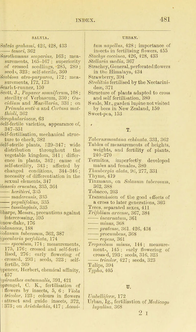 SALVIA. Salvia grdhami, 426, 428, 433 tenori, 362 Sarothamnus scoparius, 163; mea- surements, 165-167 ; superiority of crossed seedlings, -2S5, 289 ; seeds, 323: self-sterile, 360 Scabiosa atro-purpurea, 172; mea- surements, 172, 173 Scarlet-runner, 150 Scott, J., Papaver somniferum, 108 ; sterility of Verbascum, 330 ; On- ciclium and Maxillaria, 331 ; on Primula scotv a and Cortusa mat- tliioli, 362 Scrophulariacese, 63 Self-fertile varieties, appearance of, 347-351 Self-fertilisation, mechanical struc- ture to check, 382 Self-sterile plants, 329-347; wide distribution throughout the vegetable kingdom, 341 ; differ- ence in plants, 342; cause of self-sterility, 343; affected by changed conditions, 344-346; necessity of differentiation in the sexual elements, 347 '•■'enecio cruentus, 335, 364 heritieri, 335 maderensis, 335 populifolius, 335 tussilaginis, 335 ■ harpe, Messrs., precautions against intercrossing, 395 ■now-flake, 176 “'olanacex, 188 'olanum tuberosum, 362, 387 npecularia perfoliata, 174 speculum, 174 ; measurements, 175, 176; crossed and self-ferti- lised, 276: early flowering of crossed, 293; seeds, 323; self- fertile, 369 ■ pencer, Herbert, chemical affinity, 457 ■ piranthes autumnalis, 391, 421 Siiprengel, 0. K, fei tilisation of 11 flowers by insects, 5, 6 ; Viola tricolor, 123; colours in flowers attract and guide insects, 372, i 373; on Aristolocliia, 417 ; Aconi- URBAN. turn napellus, 428 ; importance of insects in fertilising flowers, 455 Stacliys coccinea, 426, 428, 433 Stellaria media, 367 Strachey, General, perforated flowers in the Himalaya, 434 Strawberry, 394 Strelitzia fertilised by the Nectariui- dese, 371 Structure of plants adapted to cross and self fertilisation, 380 Swale, Mr., garden lupine not visited by bees in New Zealand, 150 Sweet-pea, 153 T. Tabermemontana echinata, 331, 362 Tables of measurements of heights, weights, and fertility of plants, 240-270 Termites, imperfectly developed males and females, 380 Thunbergia alata, 96, 277, 331 Thyme, 419 Tinzmann, on Solanum tuberosum, 362, 3SS Tobacco, 203 Transmission of the good effects of a cross to later generations, 303 Trees, separated sexes, 411 Trifolium arvense, 367, 384 incarnatum, 361 minus, 368 pratense, 361. 426, 434 procumbens, 368 repens, 361 Tropxolum minus, 144; measure- ments, 145 ; early flowering of crossed, 293; seeds, 316, 323 tricolor, 427 ; seeds, 323 Tulips, 394 Typha, 405 U. Umbelliferiv, 172 Urban, Ig., fertilisation of Medicago lupidina. 368 2 i