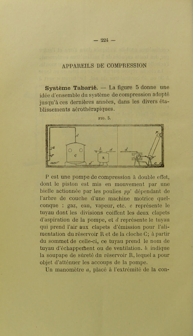 APPAREILS DE COMPRESSION Système Tabarié. — La figure 5 donne une idée d'ensemble du système de compression adopté jusqu'à ces dernières années, dans les divers éta- blissements aérothérapiques. FIG. 5. P est une pompe de compression à double effet, dont le piston est mis en mouvement par une bielle actionnée par les poulies pp' dépendant de l'arbre de couche d'une machine motrice quel- conque : gaz, eau, vapeur, etc. c représente le tuyau dont les divisions coiffent les deux clapets d'aspiration de la pompe, et cl représente le tuyau qui prend l'air aux clapets d'émission pour l'ali- mentation du réservoir R et de la cloche C; à partir du sommet de celle-ci, ce tuyau prend le nom de tuyau d'échappement ou de ventilation, b indique la soupape de sûreté du réservoir R, lequel a pour objet d'atténuer les accoups de la pompe. Un manomètre a, placé à l'extrémité de la con-