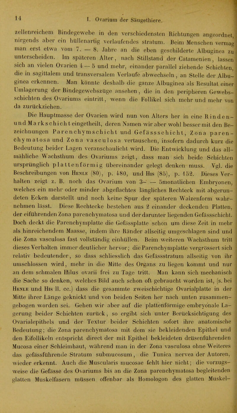 zellenreichem Bindegewebe in den verschiedensten Richtungen angeordnet, nirgends aber ein hüllenartig verlaufendes Stratum. Beim Menschen vermal man erst etwa vom 7. — 8. Jahre an die eben geschildert,- Albuginea zu unterscheiden. Im spateren Aller, nach Stillstand der Catamenien, lassen sich an vielen Ovarien 4—5 und mehr, einander parallel ziehende Schichten, die in sagittalem und transversalem Verlaufe abwechseln, an Stelle der Albu- ginea erkennen. Man könnte deshalb die ganze Albuginea als Resultat einer Umlagerung der Bindegewebszüge ansehen, die in den peripheren Gewebs- schichten des Ovariums eintritt, wenn die Follikel sich mehr und mehr von da zurückziehen. Die Hauptmasse der Ovarien wird nun von Alters her in eine Rinden- ] und Ma rks chich t eingetheilt, deren Namen wir aber wohl besser mit den Be- zeichnungen Parenchymschicht und Gefässschicht, Zona paren- chymatosa und Zona vasculosa vertauschen, insofern dadurch kurz die I Bedeutung beider Lagen veranschaulicht wird. Die Entwicklung und das all- mähliche Wachsthum des Ovariums zeigt, dass man sich beide Schichten j ursprünglich plattenförmig übereinander gelegt denken muss. Vgl. die 1 Beschreibungen von Henle (80), p. 480, und His (85), p. 152. Dieses Ver- halten zeigt z. B. noch das Ovarium von 3- — ömonatlichen Embryonen, I welches ein mehr oder minder abgeflachtes längliches Rechteck mit abgerun- deten Ecken darstellt und noch keine Spur der späteren Walzenform wahr- j nehmen lässt. Diese Rechtecke bestehen aus 2 einander deckenden Platten, der eiführenden Zona parenchymatosa und der darunter liegenden Gefässschicht, Doch deckt die Parenchymplatte die Gefässplatte schon um diese Zeit in mehr als .hinreichendem Maasse, indem ihre Ränder allseitig umgeschlagen sind und die Zona vasculosa fast vollständig einhüllen. Beim weiteren Wachsthum tritt dieses Verhalten immer deutlicher hervor; die Parenchymplatte vergrössert sich relativ bedeutender, so dass schliesslich das Gefässstratum allseitig von ihr umschlossen wird, mehr in die Mitte des Organs zu liegen kommt und nur an dem schmalen Hilus ovarii frei zu Tage tritt. Man kann sich mechanisch die Sache so denken, welches Bild auch schon oft gebraucht worden ist, (s.bei Henle und His 11. cc.) dass die gesammte zweischichtige Ovarialplatte in der Mitte ihrer Länge geknickt und von beiden Seiten her nach unten zusammen- gebogen worden sei. Gehen wir aber auf die platlenförmige embryonale La- gerung beider Schichten zurück, so ergibt sich unter Berücksichtigung des Ovarialepithels und der Textur beider Schichten sofort ihre anatomische Bedeutung; die Zona parenchymatosa mit dem sie bekleidenden Epithel und den Eifollikeln entspricht direct der mit Epithel bekleideten drüsenführenden Mucosa einer Schleimhaut, während man in der Zona vasculosa ohne Weiteres das gcfässführende Stratum submucosum, die Tunica nervea der Autoren, wieder erkennt. Auch die Muscularis mucosae fehlt hier nicht; die vorzugs- weise die Gefässe des Ovariums bis an die Zona parenchymatosa begleitenden glatten Muskelfasern müssen offenbar als Homologon des glatten Muskel-