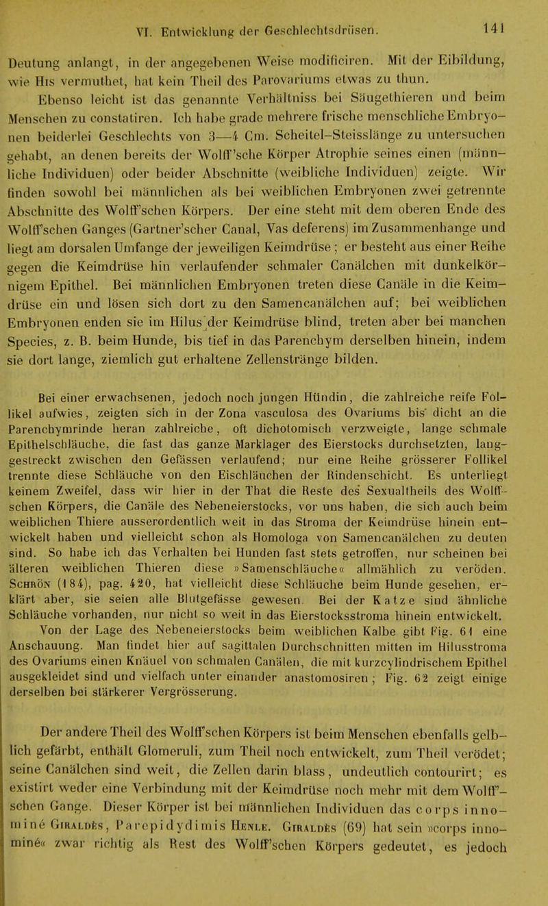 Deutung anlangt, in der angegebenen Weise raodificiren. Mit der Eibildung, wie Iiis veromthet, hat kein Theil des Parövariums etwas zu thun. Ebenso leicht ist das genannte Verhältniss bei Säugethieren und beim Menschen zu constatiren. Ich habe grade mehrere frische menschliche Embryo- nen beiderlei Geschlechts von 3—i Cm. Scheitel-Steisslänge zu untersuchen gehabt, an denen bereits der Wold''sehe Körper Atrophie seines einen (mann- liche Individuen) oder beider Abschnitte (weibliche Individuen) zeigte. Wir linden sowohl bei männlichen als bei weiblichen Embryonen zwei getrennte Abschnitte des Wolff sehen Körpers. Der eine steht mit dem oberen Ende des Woltfschen Ganges (Gartner'scher Canal, Vas deferens) im Zusammenhange und liegt am dorsalen Umfange der jeweiligen Keimdrüse; er besteht aus einer Reihe gegen die Keimdrüse hin verlaufender schmaler Canälchen mit dunkelkör- nigem Epithel. Bei männlichen Embryonen treten diese Ganäle in die Keim- drüse ein und lösen sich dort zu den Samencanälchen auf; bei weiblichen Embryonen enden sie im Hilus der Keimdrüse blind, treten aber bei manchen Species, z. B. beim Hunde, bis tief in das Parenchym derselben hinein, indem sie dort lange, ziemlich gut erhaltene Zellenstränge bilden. Bei einer erwachsenen, jedoch noch jungen Hündin, die zahlreiche reife Fol- likel aufwies, zeigten sich in der Zona vasculosa des Ovariums bis' dicht an die Parenchymrinde heran zahlreiche, oft dichotomisch verzweigte, lange schmale Epithelschläuche, die fast das ganze Marklager des Eierstocks durchsetzten, lang- gestreckt zwischen den Gefässen verlaufend; nur eine Reihe grösserer Follikel trennte diese Schläuche von den Eischläuchen der Rindenschicht. Es unterliegt keinem Zweifel, dass wir hier in der That die Reste des' Sexuallheils des Wölfi- schen Körpers, die Canäle des Nebeneierstocks, vor uns haben, die sich auch beim weiblichen Thiere ausserordentlich weit in das Stroma der Keimdrüse hinein ent- wickelt haben und vielleicht schon als Homologa von Samencanälchen zu deuten sind. So habe ich das Verhalten bei Hunden last stets getroffen, nur scheinen bei älteren weiblichen Thieren diese »Samenschläuche« allmählich zu veröden. Schrön (184), pag. 420, hat vielleicht diese Schläuche beim Hunde gesehen, er- klärt aber, sie seien alle Blutgefässe gewesen. Bei der Katze sind ähnliche Schläuche vorhanden, nur nicht so weit in das Eierstocksstroma hinein entwickelt. Von der Lage des Nebeneierslocks beim weiblichen Kalbe gibt Fig. 61 eine Anschauung. Man findet hier auf sagittalen Durchschnitten mitten im Hilusstroma des Ovariums einen Knäuel von schmalen Canälen, die mit kurzeylindrischem Epithel ausgekleidet sind und vielfach unter einander anastomosiren ; Fig. 62 zeigt einige derselben bei stärkerer VergrÖsserung. Der andere Theil des Wolff sehen Körpers ist beim Menschen ebenfalls gelb- lich gefärbt, enthält Glomeruli, zum Theil noch entwickelt, zum Theil verödet; seine Canälchen sind weit, die Zellen darin blass, undeutlich contourirt; es existirt weder eine Verbindung mit der Keimdrüse noch mehr mit dem WolfF- schen Gange, Dieser Körper ist bei männlichen Individuen das corps inno- mine GiRALDis, Parepidydimis Henlb. Girald^s (69) hat sein ueorps inno- mine« zwar richtig als Rest des Wolff'schen Körpers gedeutet, es jedoch