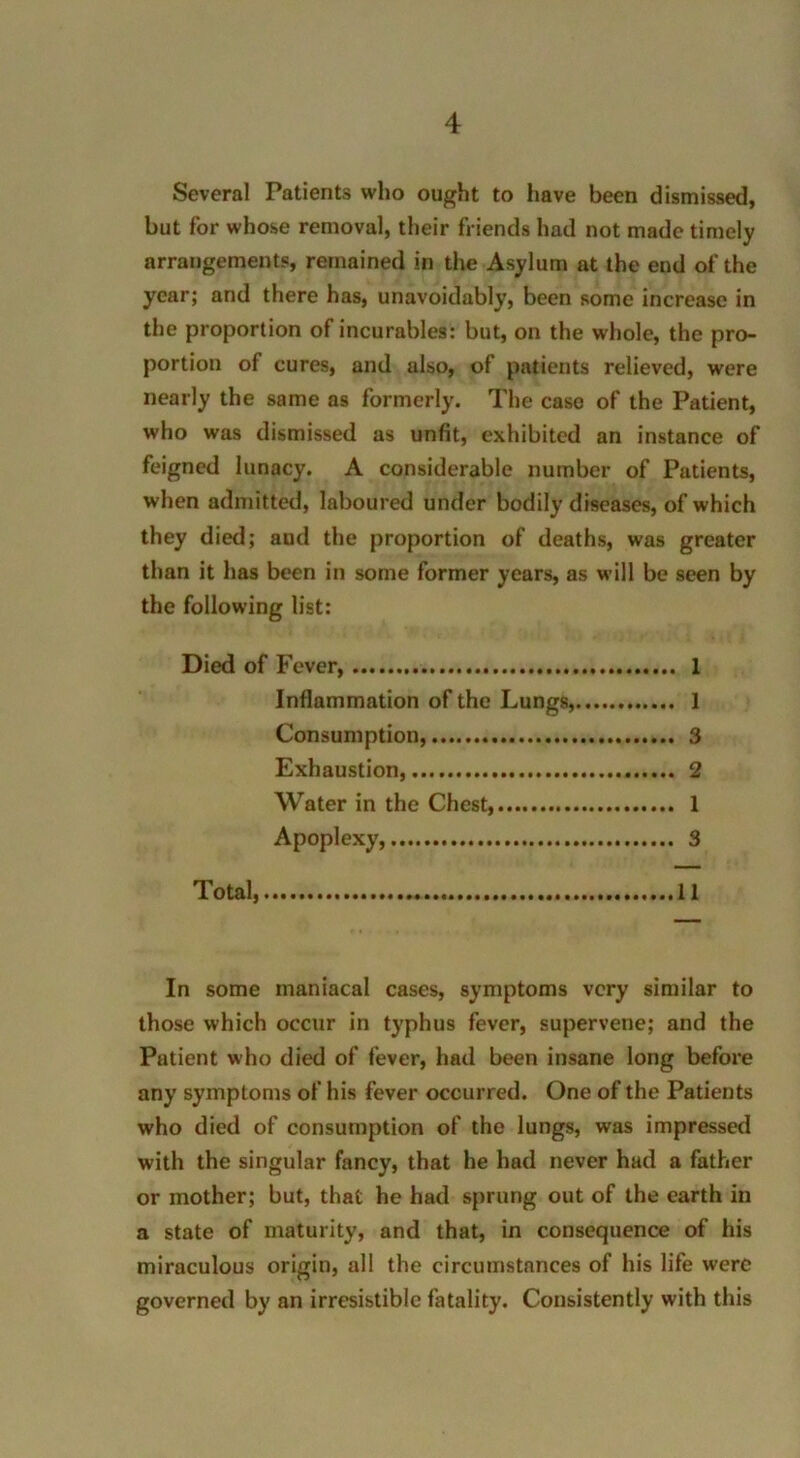 Several Patients who ought to have been dismissed, but for whose removal, their friends had not made timely arrangements, remained in the Asylum at the end of the year; and there has, unavoidably, been some increase in the proportion of incurables: but, on the whole, the pro- portion of cures, and also, of patients relieved, were nearly the same as formerly. The case of the Patient, who was dismissed as unfit, exhibited an instance of feigned lunacy. A considerable number of Patients, when admitted, laboured under bodily diseases, of which they died; aud the proportion of deaths, was greater than it has been in some former years, as will be seen by the following list: Died of Fever, 1 Inflammation of the Lungs, 1 Consumption, 3 Exhaustion, 2 Water in the Chest, 1 Apoplexy, 3 Total, 11 In some maniacal cases, symptoms very similar to those which occur in typhus fever, supervene; and the Patient who died of fever, had been insane long before any symptoms of his fever occurred. One of the Patients who died of consumption of the lungs, was impressed with the singular fancy, that he had never had a father or mother; but, that he had sprung out of the earth in a state of maturity, and that, in consequence of his miraculous origin, all the circumstances of his life were governed by an irresistible fatality. Consistently with this