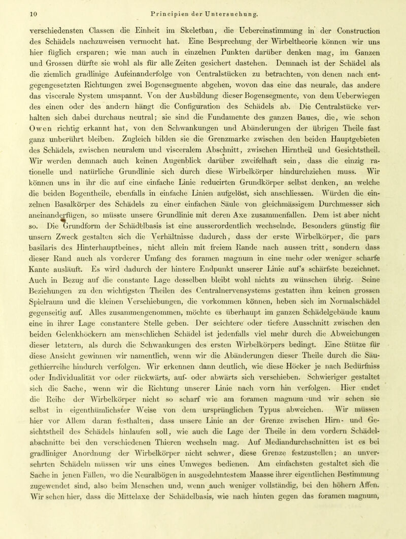 verschiedensten Classen die Einheit im Skeletbau, die Uebereinstimmung in der Construction des Schädels naehzuweisen vermocht hat. Eine Besprechung der Wirbeltheorie können wir uns hier füglich ersparen; wie man auch in einzelnen Punkten darüber denken mag, im Ganzen und Grossen dürfte sie wohl als für alle Zeiten gesichert dastehen. Demnach ist der Schädel als die ziemlich gradlinige Aufeinanderfolge von Centralstücken zu betrachten, von denen nach ent- gegengesetzten Richtungen zwei Bogensegmente abgehen, wovon das eine das neurale, das andere das viscerale System umspannt. Von der Ausbildung dieser Bogensegmente, von dem Ueberwiegen des einen oder des andern hängt die Configuration des Schädels ab. Die Centralstücke ver- halten sich dabei durchaus neutral; sie sind die Fundamente des ganzen Baues, die, wie schon Owen richtig erkannt hat, von den Schwankungen und Abänderungen der übrigen Theile fast ganz unberührt bleiben. Zugleich bilden sie die Grenzmarke zwischen den beiden Hauptgebieten des Schädels, zwischen neuralem und visceralem Abschnitt, zwischen Hirntheil und Gesichtstheil. Wir werden demnach auch keinen Augenblick darüber zweifelhaft sein, dass die einzig ra- tionelle und natürliche Grundlinie sich durch diese Wirbelkörper hindurchziehen muss. Wir können uns in ihr die auf eine einfache Linie reducirten Grundkörper selbst denken, an welche die beiden Bogentheile, ebenfalls in einfache Linien aufgelöst, sich anschliessen. Würden die ein- zelnen Basalkörper des Schädels zu einer einfachen Säule von gleichmässigem Durchmesser sich aneinanderfügen, so müsste unsere Grundlinie mit deren Axe zusammenfallen. Dem ist aber nicht so. Die Grundform der Schädelbasis ist eine ausserordentlich wechselnde. Besonders günstig für unsern Zweck gestalten sich die Verhältnisse dadurch, dass der erste Wirbelkörper, die pars basilaris des Hinterhauptbeines, nicht allein mit freiem Rande nach aussen tritt, sondern dass dieser Rand auch als vorderer Umfang des foramen magnum in eine mehr oder weniger scharfe Kante ausläuft. Es wird dadurch der hintere Endpunkt unserer Linie auf’s schärfste bezeichnet. Auch in Bezug auf die constante Lage desselben bleibt wohl nichts zu wünschen übrig. Seine Beziehungen zu den wichtigsten Theilen des Centralnervensystems gestatten ihm keinen grossen Spielraum und die kleinen Verschiebungen, die Vorkommen können, heben sich im Normalschädel gegenseitig auf. Alles zusammengenommen, möchte es überhaupt im ganzen Schädelgebäude kaum eine in ihrer Lage constantere Stelle geben. Der seichtere oder tiefere Ausschnitt zwischen den beiden Gelenkhöckern am menschlichen Schädel ist jedenfalls viel mehr durch die Abweichungen dieser letztem, als durch die Schwankungen des ersten Wirbelkörpers bedingt. Eine Stütze für diese Ansicht gewinnen wir namentlich, wenn wir die Abänderungen dieser Theile durch die Säu- gethierreihe hindurch verfolgen. Wir erkennen dann deutlich, wie diese Höcker je nach Bedürfniss oder Individualität vor oder rückwärts, auf- oder abwärts sich verschieben. Schwieriger gestaltet sich die Sache, wenn wir die Richtung unserer Linie nach vorn hin verfolgen. Hier endet die Reihe der Wirbelkörper nicht so scharf wie am foramen magnum und wir sehen sie selbst in eigenthümliclister Weise von dem ursprünglichen Typus abweichen. Wir müssen hier vor Allem daran festhalten, dass unsere Linie an der Grenze zwischen Hirn- und Ge- sichtstheil des Schädels hinlaufen soll, wie auch die Lage der Theile in dem vordem Schädel- abschnitte bei den verschiedenen Thieren wechseln mag. Auf Mediandurchschnitten ist es bei gradliniger Anordnung der Wirbelkörper nicht schwer, diese Grenze festzustellen; an unver- sehrten Schädeln müssen wir uns eines Umweges bedienen. Am einfachsten gestaltet sich die Sache in jenen Fällen, wo die Neuralbögen in ausgedehntestem Maasse ihrer eigentlichen Bestimmung zugewendet sind, also beim Menschen und, wenn auch weniger vollständig, bei den höhern Affen. Wir sehen hier, dass die Mittelaxe der Schädelbasis, wie nach hinten gegen das foramen magnum,
