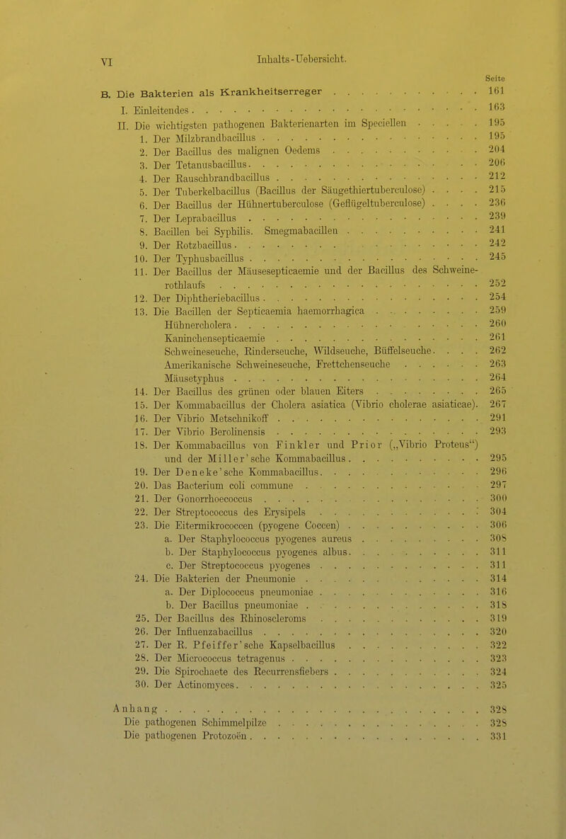 Seite B. Die Bakterien als Krankheitserreger . 161 I. Einleitendes lß3 II. Die wichtigsten pathogenen Bakterienarten im Speciellen 195 1. Der Milzbrandbacillus 195 2. Der Bacillus des malignen Oedems 204 3. Der Tetanusbaoülus . . 206 4. Der Bauschbrandbacillus 212 5. Der Tuberkelbacillus (Bacillus der Säugethiertuberculose) .... 215 6. Der Bacillus der Hühnertuberculose (Geflügeltuberculose) .... 236 7. Der Leprabacillus 239 8. Bacillen bei Syphilis. Sniegmabatillen 241 9. Der Kotzbacülus 242 10. Der Typhusbacillus 245 11. Der Bacillus der Mäusesepticaemie und der Bacillus des Schweine- rothlaufs 252 12. Der Diphtheriebacillus 254 13. Die Bacillen der Septicaemia haemorrhagica 259 Hühnercholera 260 Kanin chensepticaernie 261 Schweineseuche, Rinderseuche, Wildseuche, Büffelseuche. . . . 262 Amerikanische Schweineseuche, Frettchenseuche 263 Mäusetyphus 264 14. Der Bacillus des grünen oder blauen Eiters . 265 15. Der Kommabacillus der Cholera asiatica (Vibrio cholerae asiaticae). 267 16. Der Vibrio Metschnikoff .291 17. Der Vibrio Berolinensis 293 18. Der Kommabacillus von Finkler und Prior („Vibrio Proteus) und der Miller'sehe Kommabacillus 295 19. Der Deneke'sche Kommabacillus 296 20. Das Bacterium coli commune 297 21. Der Gonorrhoecoccus 300 22. Der Streptococcus des Erysipels .' 304 23. Die Eitermikrococcen (pyogene Coccen) 306 a. Der Staphylococcus pyogenes aureus 308 b. Der Staphylococcus pyogenes albus 311 c. Der Streptococcus pyogenes 311 24. Die Bakterien der Pneumonie 314 a. Der Diplococcus pneumoniae 316 b. Der Bacillus pneumoniae 318 25. Der Bacillus des Bhinoscleroms 319 26. Der Influenzabacillus 320 27. Der E. Pfeiffersche Kapselbacülus 322 28. Der Micrococcus tetragenus 323 29. Die Spirochaete des Eecurrensfiebers 321 30. Der Actinomyces 325 Anhang 328 Die pathogenen Schimmelpilze 328 Die pathogenen Protozoen 331