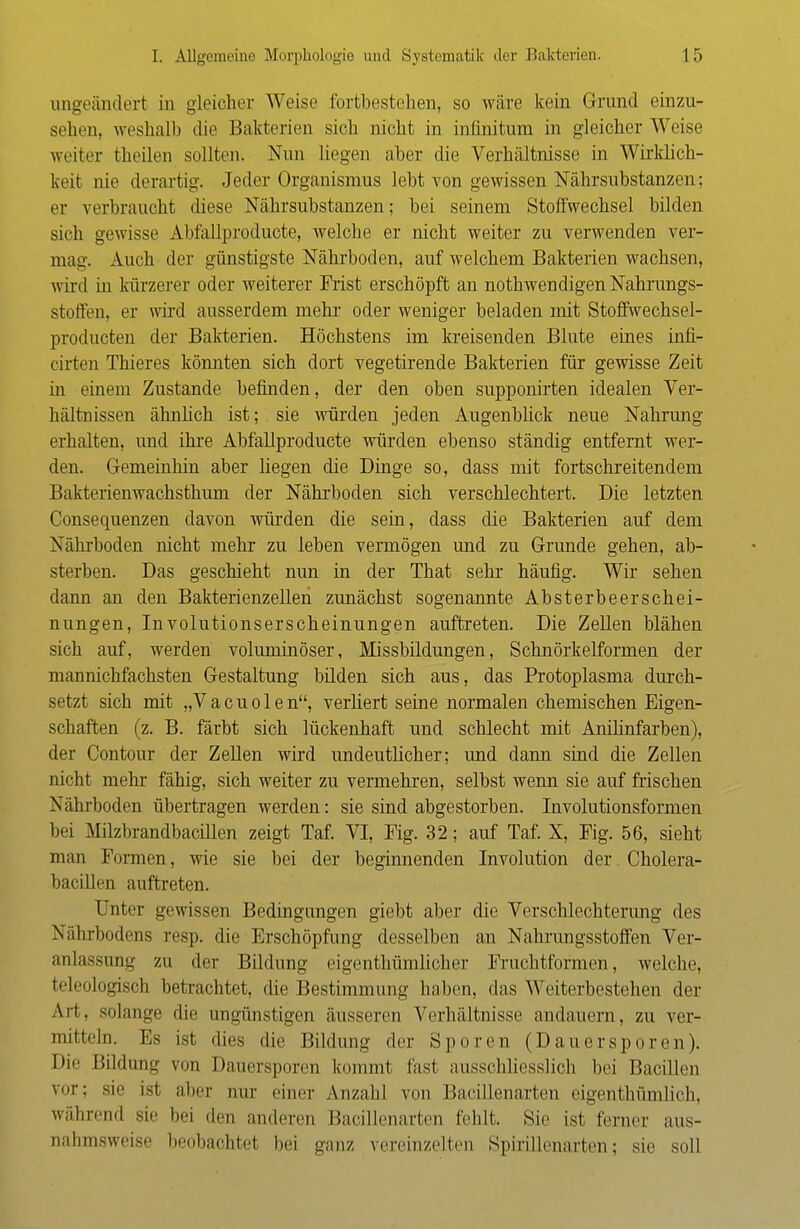 angeändert in gleicher Weise fortbestehen, so wäre kein Grund einzu- sehen, weshalb die Bakterien sich nicht in infinitum in gleicher Weise weiter theilen sollten. Nun liegen aber die Verhältnisse in Wirklich- keit nie derartig. Jeder Organismus lebt von gewissen Nährsubstanzen; er verbraucht diese Nährsubstanzen; bei seinem Stoffwechsel bilden sich gewisse Abfallproducte, welche er nicht weiter zu verwenden ver- mag. Auch der günstigste Nährboden, auf welchem Bakterien wachsen, wird in kürzerer oder weiterer Frist erschöpft an notwendigen Nahrungs- stoffen, er wird ausserdem mehr oder weniger beladen mit Stoffwechsel- producten der Bakterien. Höchstens im kreisenden Blute eines infi- cirten Thieres könnten sich dort vegetirende Bakterien für gewisse Zeit in einem Zustande befinden, der den oben supponirten idealen Ver- hältnissen ähnlich ist; sie würden jeden Augenblick neue Nahrung erhalten, und ihre Abfallproducte würden ebenso ständig entfernt wer- den. Gemeinhin aber liegen die Dinge so, dass mit fortschreitendem Bakterienwachsthum der Nährboden sich verschlechtert. Die letzten Consequenzen davon würden die sein, dass die Bakterien auf dem Nährboden nicht mehr zu leben vermögen und zu Grunde gehen, ab- sterben. Das geschieht nun in der That sehr häufig. Wir sehen dann an den Bakterienzellen zunächst sogenannte Absterbeerschei- nungen, Involutionserscheinungen auftreten. Die Zellen blähen sich auf, werden voluminöser, Missbildungen, Schnörkelformen der mannichfachsten Gestaltung büden sich aus, das Protoplasma durch- setzt sich mit „Vacuolen, verliert seine normalen chemischen Eigen- schaften (z. B. färbt sich lückenhaft und schlecht mit Anilinfarben), der Contour der Zellen wird undeutlicher; und dann sind die Zellen nicht mehr fähig, sich weiter zu vermehren, selbst wenn sie auf frischen Nährboden übertragen werden: sie sind abgestorben. Involutionsformen bei Milzbrandbacillen zeigt Taf. VI, Fig. 32; auf Taf. X, Fig. 56, sieht man Formen, wie sie bei der beginnenden Involution der Cholera- bacillen auftreten. Unter gewissen Bedingungen giebt aber die Verschlechterung des Nährbodens resp. die Erschöpfung desselben an Nahrungsstoffen Ver- anlassung zu der Bildung eigenthümlicher Fruchtformen, welche, teleologisch betrachtet, che Bestimmung haben, das Weiterbestehen der Art, solange die ungünstigen äusseren Verhältnisse andauern, zu ver- mitteln. Es ist dies die Bildung der Sporen (D au er sp o r e n ). Die Bildung von Dauersporen kommt fast ausschliesslich bei Bacillen vor: s>'' ist aber nur einer Anzahl von Bacillen arten eigentümlich, während sie bei den anderen Bacillenarten fehlt. Sie ist,ferner aus- nahmsweise beobachtet bei ganz vereinzelten Spirülenarten; sie soll