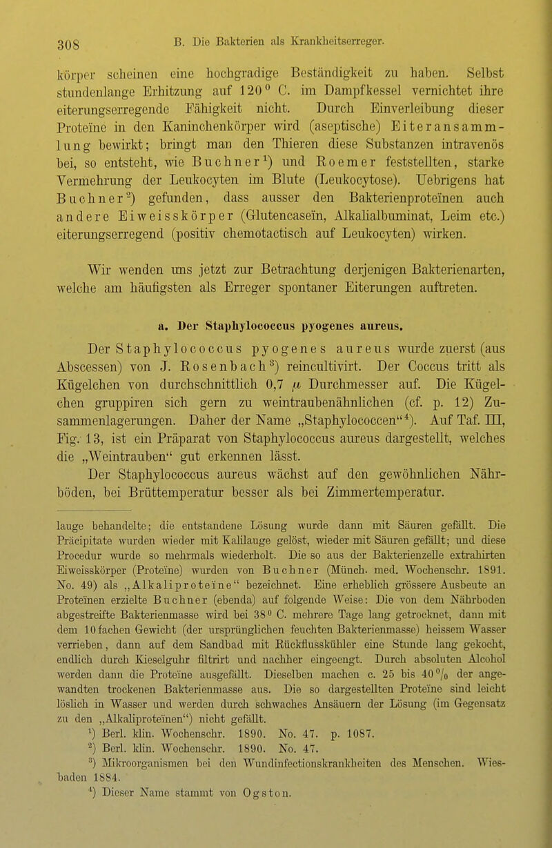 korper scheinen eine hochgradige Beständigkeit zu haben. Selbst stundenlange Erhitzung auf 120° C. im Dampfkessel vernichtet ihre eiterungserregende Fähigkeit nicht. Durch Einverleibung dieser Proteine in den Kaninchenkörper wird (aseptische) Eiteransamm- lung bewirkt; bringt man den Thieren diese Substanzen intravenös bei, so entsteht, wie Buchner1) und Koemer feststellten, starke Vermehrung der Leukocyten im Blute (Leukocytose). Uebrigens hat Buchner2) gefunden, dass ausser den Bakterienproteinen auch andere Eiweisskörper (Giutencasein, Alkalialbuminat, Leim etc.) eiterungserregend (positiv chemotactisch auf Leukocyten) wirken. Wir wenden uns jetzt zur Betrachtung derjenigen Bakterienarten, welche am häufigsten als Erreger spontaner Eiterungen auftreten. a. Der Staphylococcus pyogenes aureus. Der Staphylococcus pyogenes aureus wurde zuerst (aus Abscessen) von J. Rosenbach3) reincultivirt. Der Coccus tritt als Kügelchen von durchschnittlich 0,7 fi Durchmesser auf. Die Kügel- chen gruppiren sich gern zu weintraubenähnlichen (cf. p. 12) Zu- sammenlagerungen. Daher der Name „Staphylococcen4). AufTaf. LH, Fig.-13, ist ein Präparat von Staphylococcus aureus dargestellt, welches die „Weintrauben gut erkennen lässt. Der Staphylococcus aureus wächst auf den gewöhnlichen Nähr- böden, bei Brüttemperatur besser als bei Zimmertemperatur. lauge behandelte; die entstandene Lösung wurde dann mit Säuren gefällt. Die Präcipitate wurden wieder mit Kalilauge gelöst, wieder mit Säuren gefällt; imd diese Procedur wurde so mehrmals wiederholt. Die so aus der Bakterienzelle extrahirten Eiweisskörper (Proteine) wurden von Buchner (Münch, med. Wochenschr. 1891. No. 49) als „Alkaliprote'ine bezeichnet. Eine erheblich grössere Ausbeute an Proteinen erzielte Buchner (ebenda) auf folgende Weise: Die von dem Nährboden abgestreifte Bakterienmasse wird bei 38° C. mehrere Tage lang getrocknet, dann mit dem 10 fachen Gewicht (der ursprünglichen feuchten Bakterienmasse) heissem Wasser verrieben, dann auf dem Sandbad mit ßückflusskühler eine Stimde lang gekocht, endlich durch Kieseiguhr fütrirt und nachher eingeengt. Durch absoluten Alcohol werden dann die Proteine ausgefällt. Dieselben machen c. 25 bis 40°/o der ange- wandten trockenen Bakterienmasse aus. Die so dargestellten Proteine sind leicht löslich in Wasser und werden durch schwaches Ansäuern der Lösung (im Gegensatz zu den „Alkaliprote'inen) nicht gefällt. 1) Berl. Hin. Wochenschr. 1890. No. 47. p. 1087. 2) Berl. klin. Wochenschr. 1890. No. 47. 3) Mikroorganismen bei den Wundinfectionskrankheiten des Menschen. Wies- baden 1884. ') Dieser Name stammt von Ogston.