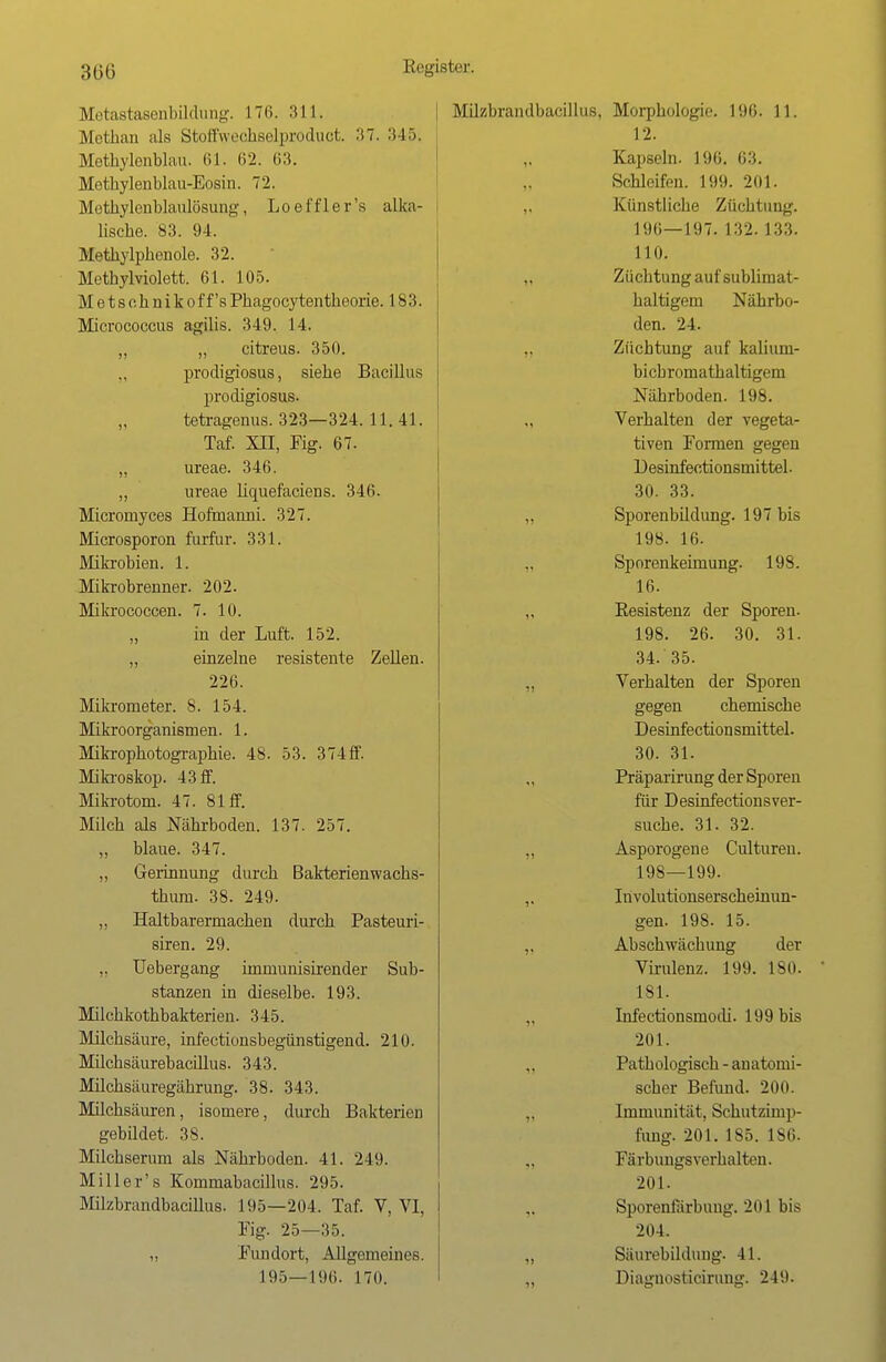 Metastasenbüdung. 176. 311. Methan als Stoffvvechselproduc.t. .'17. 345. Methylenblau. 61. 62. 63. Methylenblau-Eosin. 72. Methylenblaulösung, Loeffler's alka- lische. 83. 94. Methylphenole. 32. Methylviolett. 61. 105. Metsehnikoff's Phagocytentheorie. 183. Micrococcus agilis. 349. 14. „ „ citreus. 350. prodigiosus, siehe Bacillus prodigiosus. tetragenus. 323—324. 11. 41. Taf. XH, Fig. 67. „ ureae. 340. „ ureae liquefaciens. 346. Micromyces Hofmanni. 327. Microsporon furfür. 331. Miki'obien. 1. Mikrobrenner. 202. Mikrococcen. 7. 10. „ in der Luft. 152. „ einzelne resistente Zellen. 226. Mikrometer. 8. 154. Mikroorganismen. 1. Mikrophotographie. 48. 53. 374ff. Mikroskop. 43 ff. Mikrotom. 47. 81 ff. Milch als Nährboden. 137. 257. „ blaue. 347. „ Gerinnung durch Bakterienwachs- thum. 38. 249. „ Haltbarermachen durch Pasteuri- siren. 29. Uebergang immumsirender Sub- stanzen in dieselbe. 193. Milchkothbakterien. 345. Milchsäure, infectionsbegünstigend. 210. Milchsäurebacülus. 343. Müchsäuregährung. 38. 343. Milchsäuren, isomere, durch Bakterien gebildet. 38. Milchserum als Nährboden. 41. 249. Miller's Kommabacillus. 295. Milzbrandbacillus. 195—204. Taf. V, VI, Fig. 25—35. „ Fundort, Allgemeines. 195—196. 170. Milzbrandbacillus, Morphologie. 196. 11. 12. Kapseln. 196. 63. Schleifen. 199. 201. ,. Künstliche Züchtung. 196—197. 132. 133. 110. „ Züchtung auf sublimat- haltigem Nährbo- den. 24. Züchtung auf kaliuni- bicbromathaltigem Nährboden. 198. Verhalten der vegeta- tiven Formen gegen Besinfectionsmittel. 30. 33. „ Sporenbildung. 197 bis 198. 16. Sporenkeimung. 198. 16. Resistenz der Sporen- 198. 26. 30. 31. 34. 35. „ Verhalten der Sporen gegen chemische Desinfection smittel. 30. 31. Präparirung der Sporen für Desinfectionsver- suche. 31. 32. „ Asporogene Culturen. 198—199. ,. Involutionserscheinun- gen. 19S. 15. Abschwächung der Virulenz. 199. 180. 181. „ Infectionsmodi. 199 bis 201. „ Pathologisch-anatomi- scher Befund. 200. „ Immunität, Schutzimp- fung. 201. 185. lsii. Färbungsverhalten. 201. ,. Sporenfärbung. 201 bis 204. „ Säurebildung. 41. Diairnosticirumr. 249.